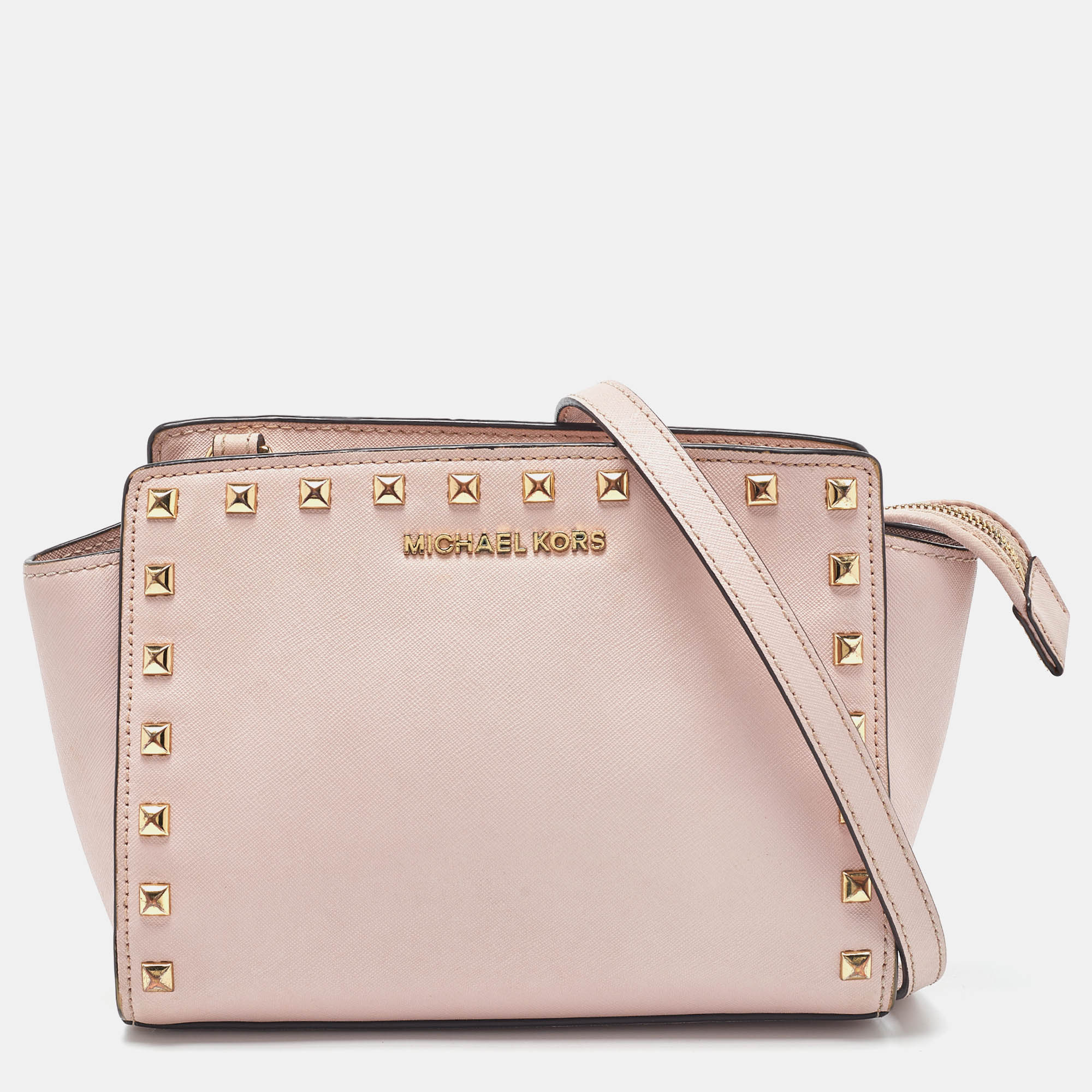 Michael Michael Kors Pink Leather Medium Studded Selma Crossbody Bag
