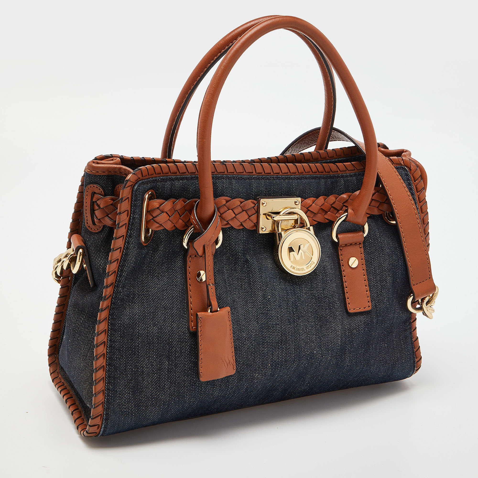 MICHAEL Michael Kors Blue/Tan Whipped Stitched Denim And Leather Hamilton Tote