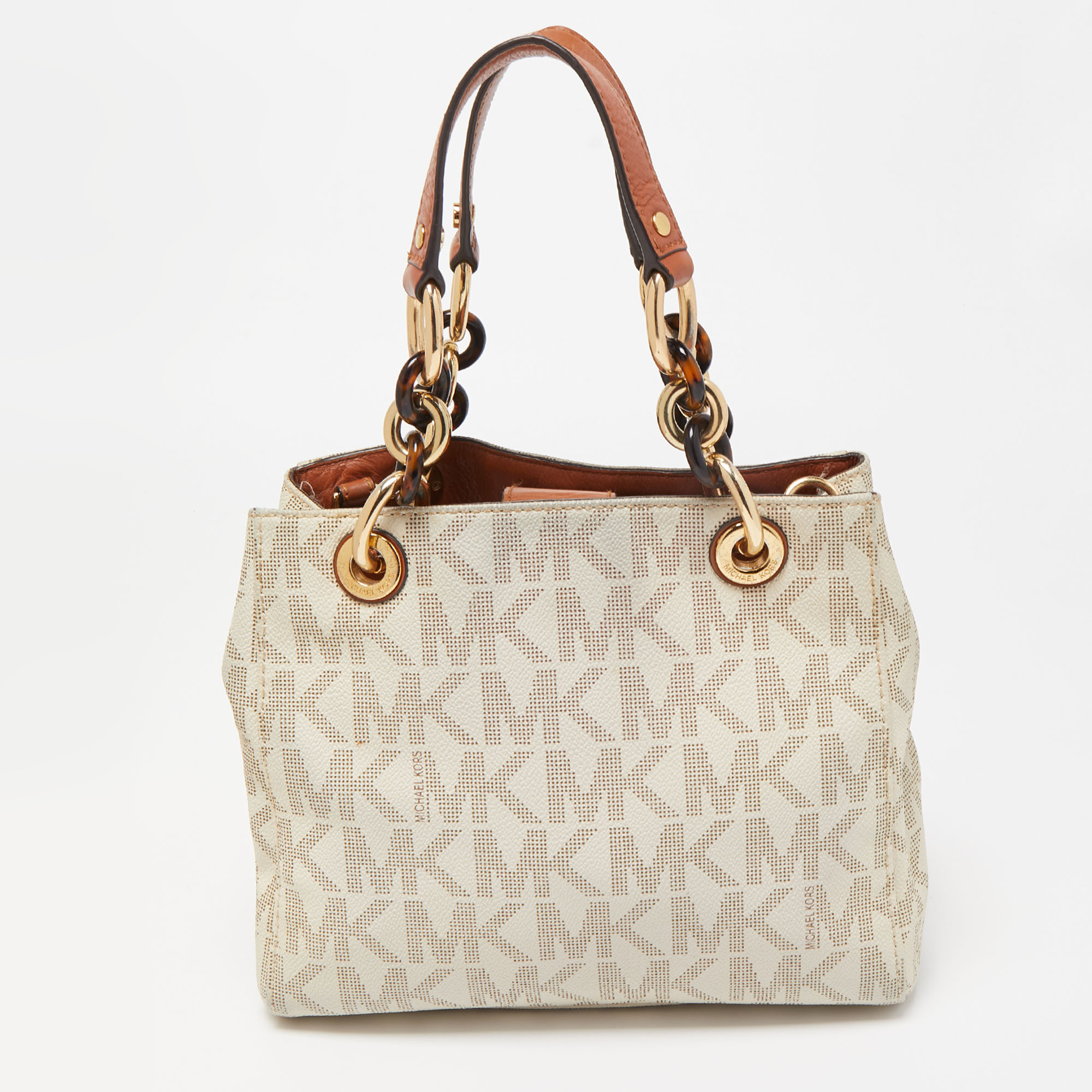 MICHAEL Michael Kors White/Brown Signature Coated And Leather Canvas Cynthia Tote