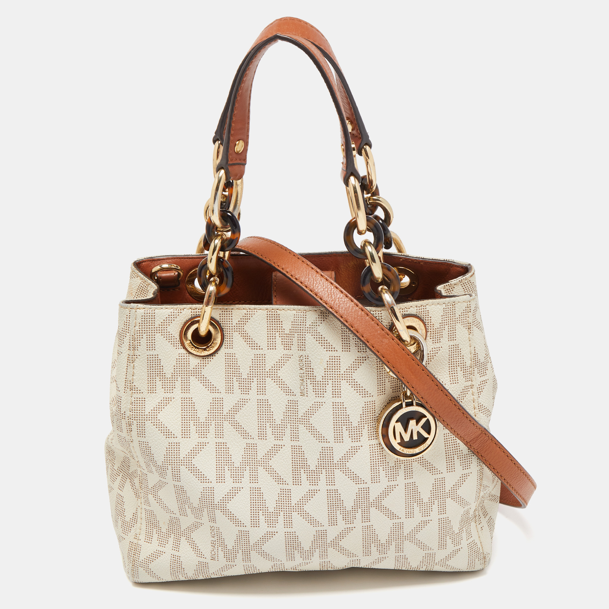 MICHAEL Michael Kors White/Brown Signature Coated And Leather Canvas Cynthia Tote