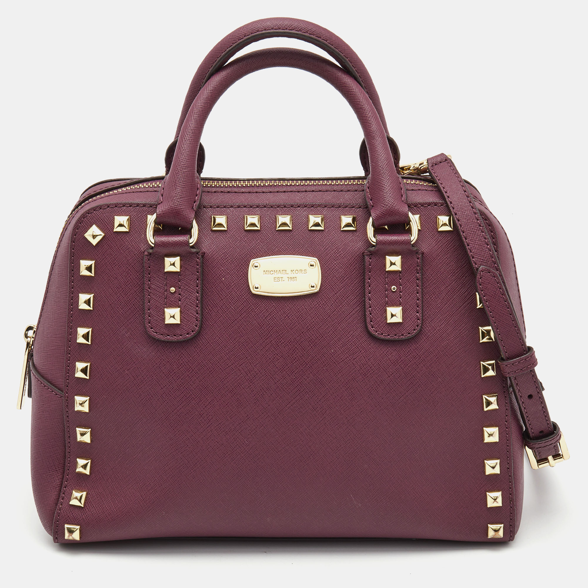 MICHAEL Michael Kors Purple Saffiano Leather Small Studded Sandrine Satchel