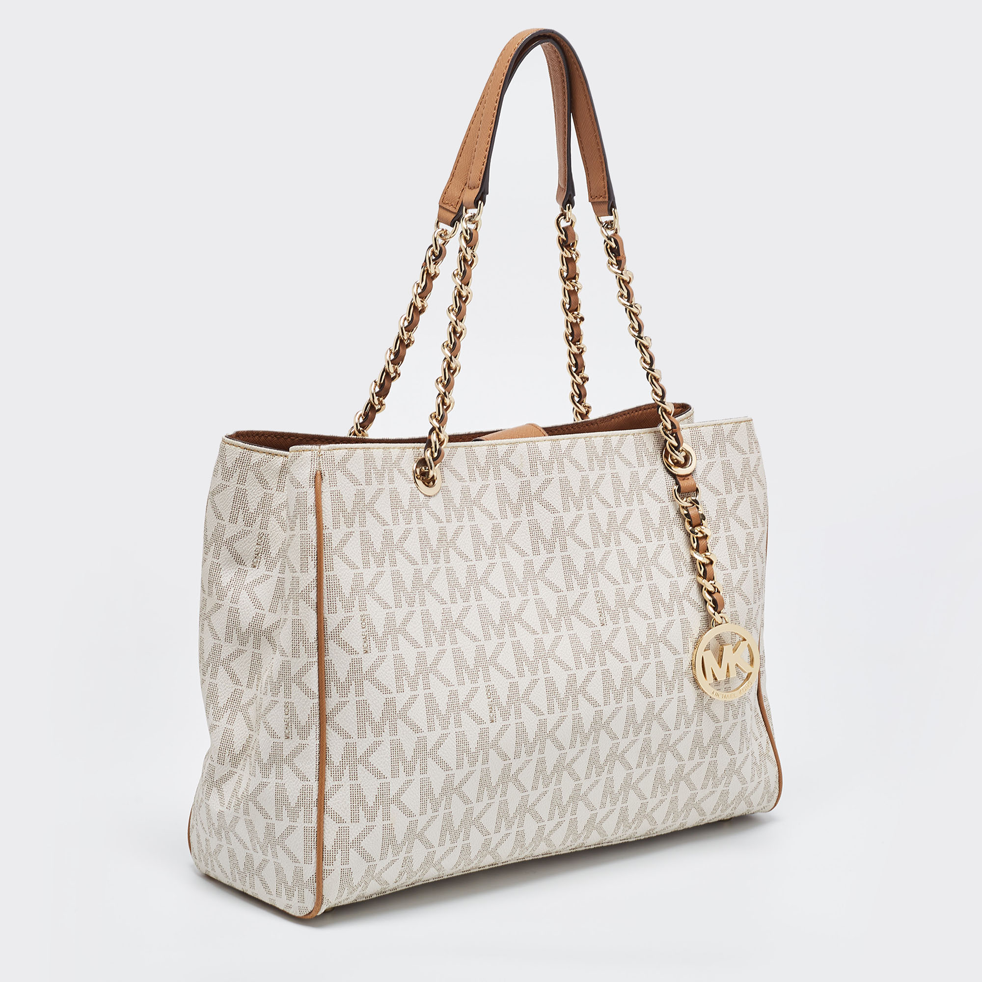 MICHAEL Michael Kors White/Brown Signature Coated Canvas And Leather Tote
