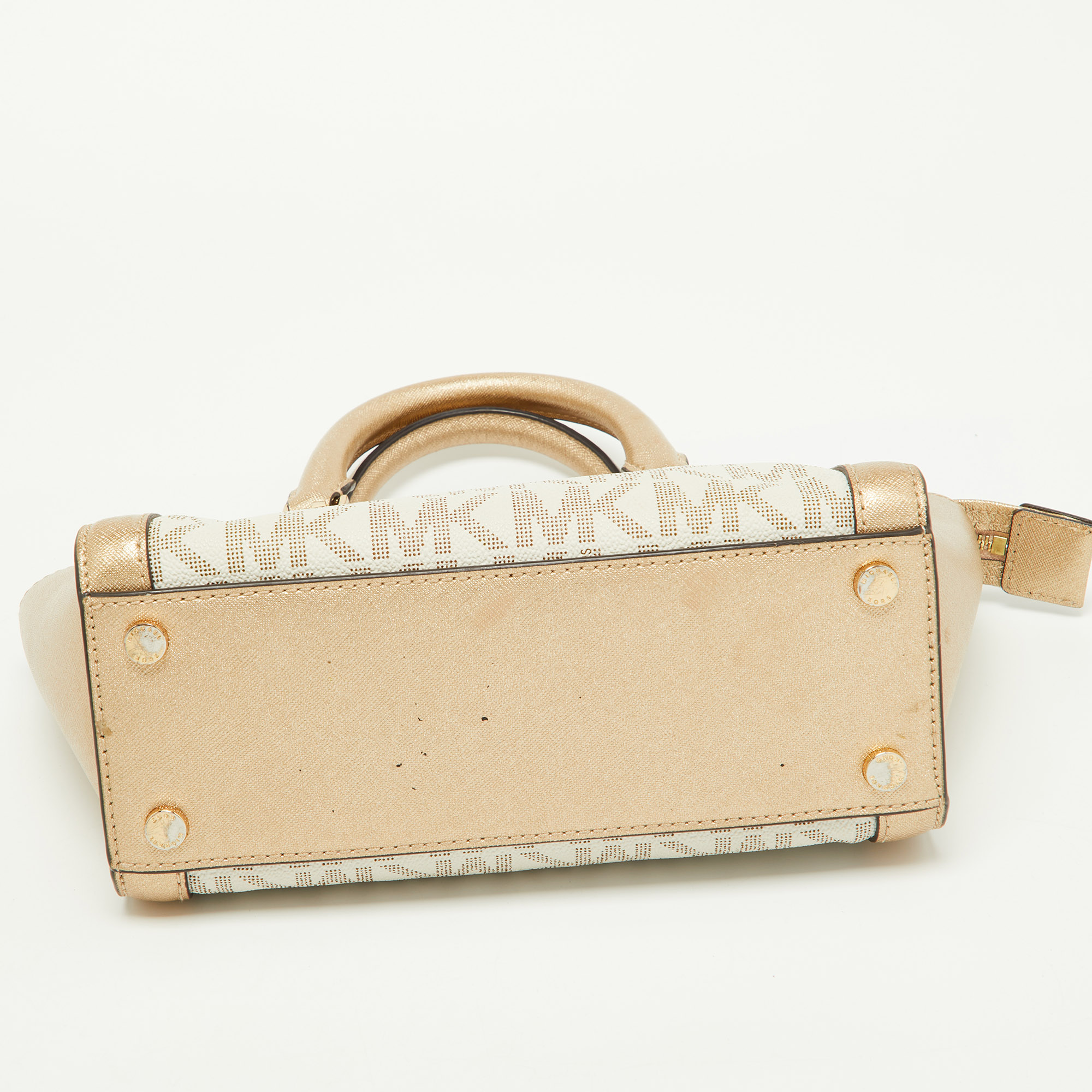 MICHAEL Michael Kors Ivory/Gold Signature Coated Canvas And Leather Tina Satchel