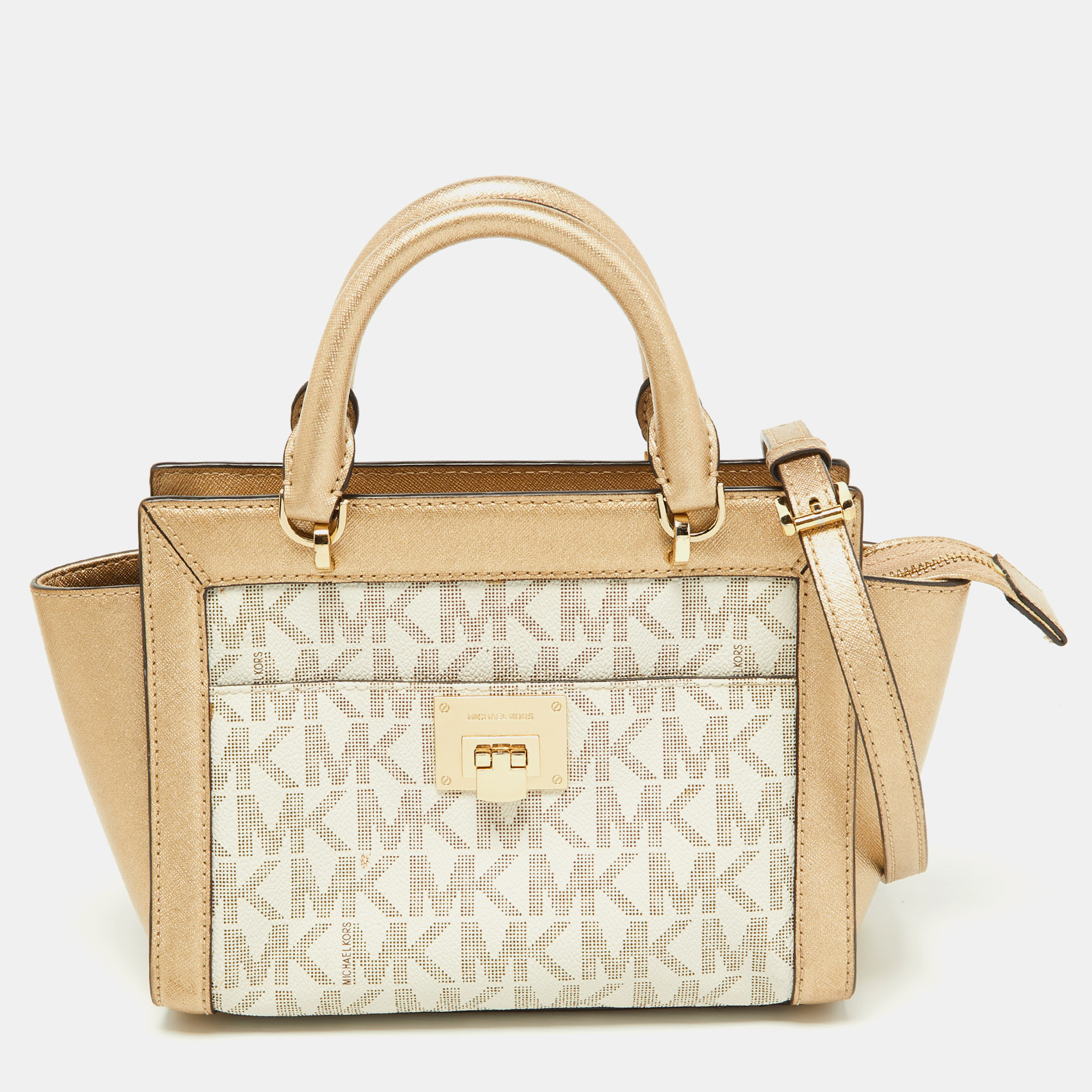 MICHAEL Michael Kors Ivory/Gold Signature Coated Canvas And Leather Tina Satchel