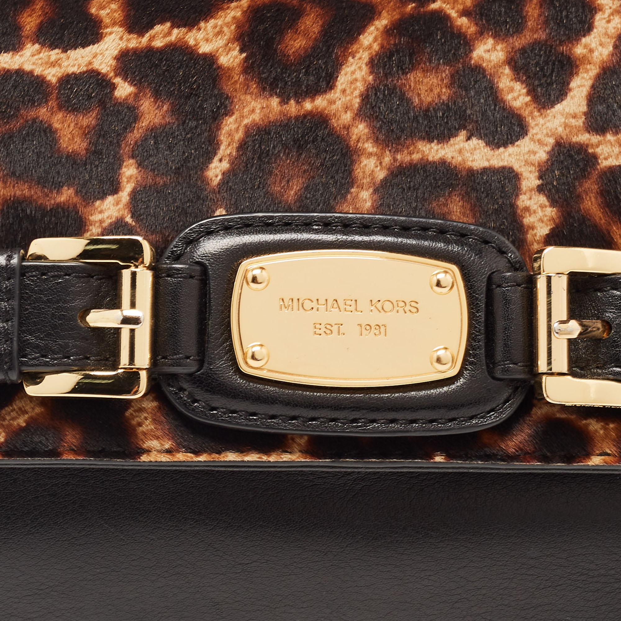MICHAEL Michael Kors Black/Brown Leopard Calfhair And Leather Buckle Flap Shoulder Bag