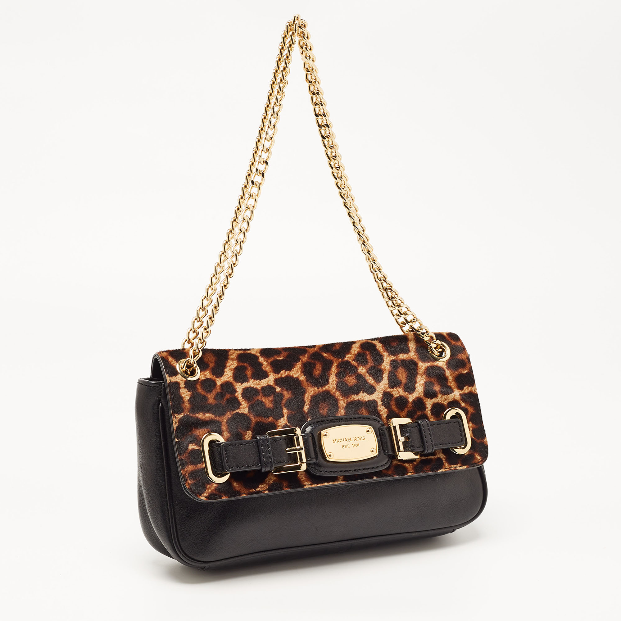 MICHAEL Michael Kors Black/Brown Leopard Calfhair And Leather Buckle Flap Shoulder Bag