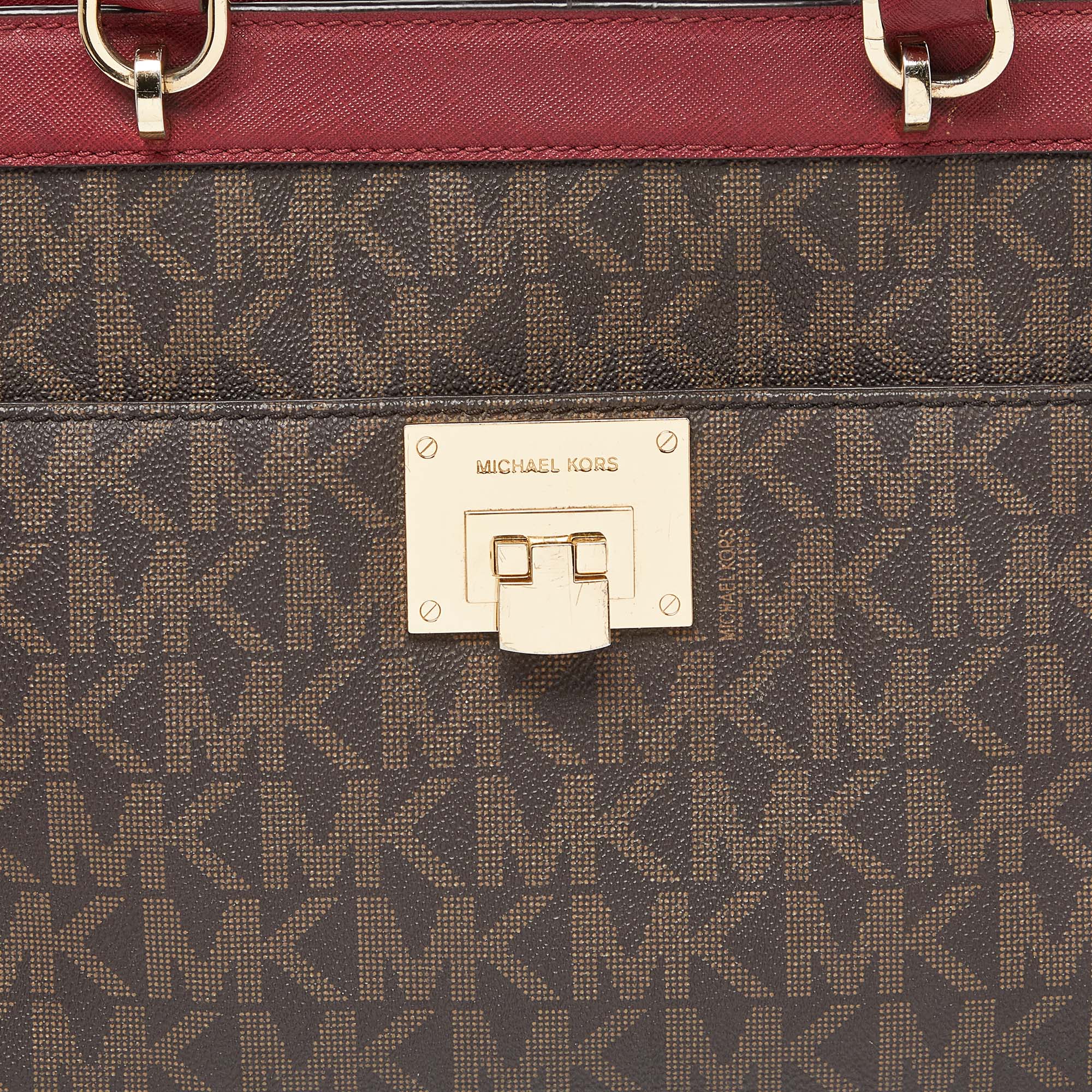 MICHAEL Micheal Kors Brown/Red Signature Coated Canvas And Leather Tina Satchel