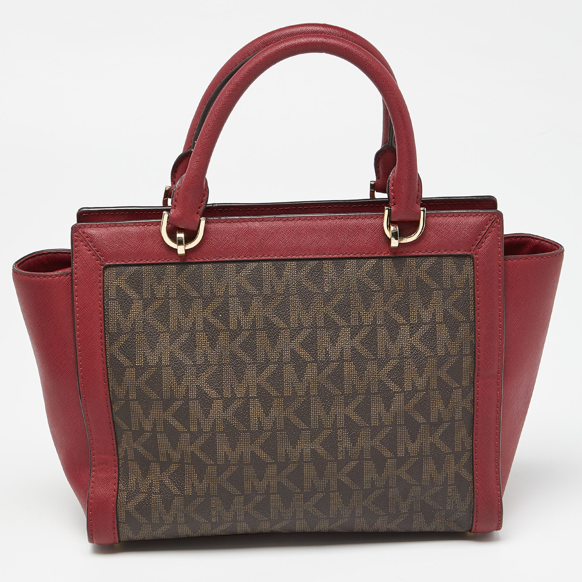 MICHAEL Micheal Kors Brown/Red Signature Coated Canvas And Leather Tina Satchel