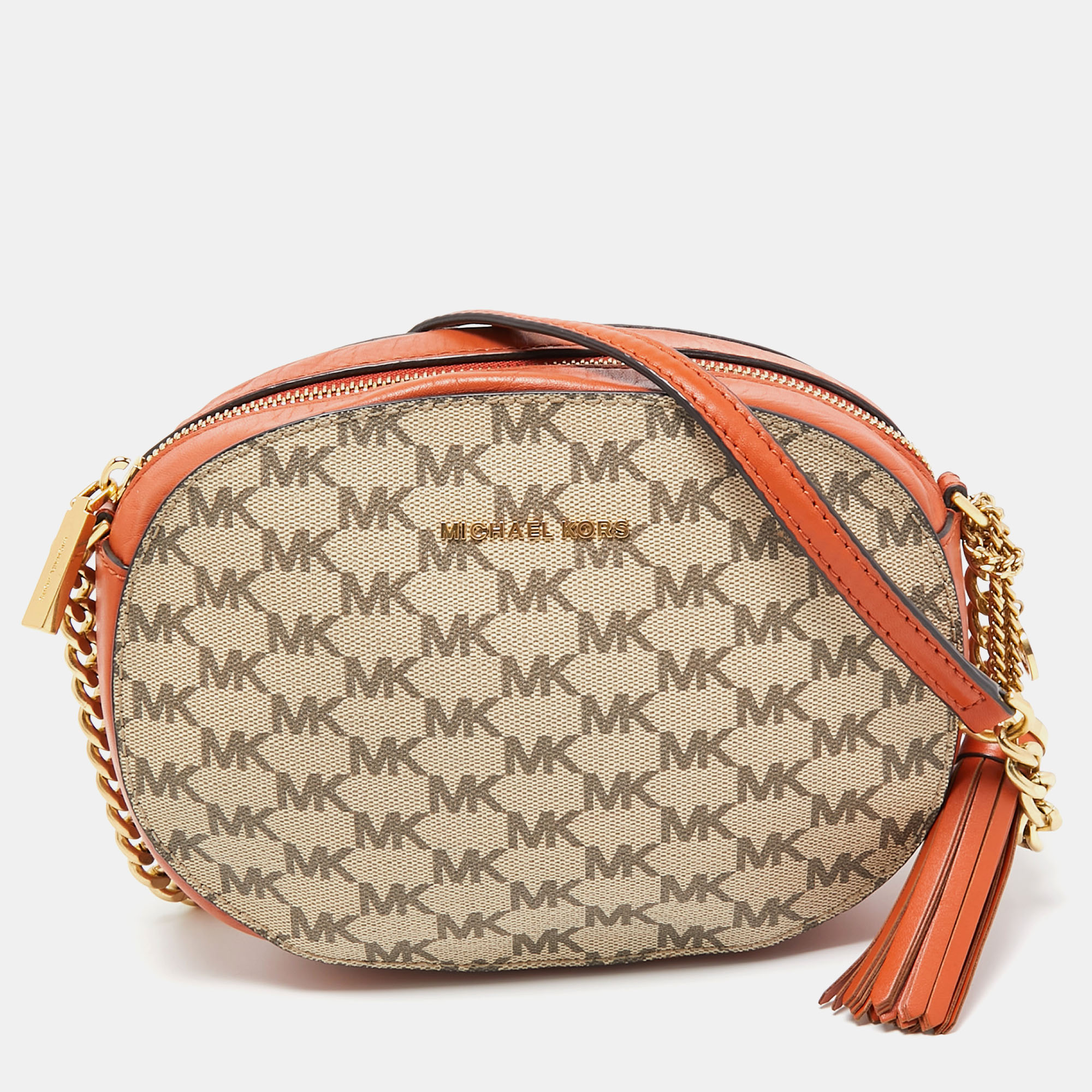 MICHAEL Michael Kors Orange/Beige Signature Coated Canvas And Leather Ginny Crossbody Bag