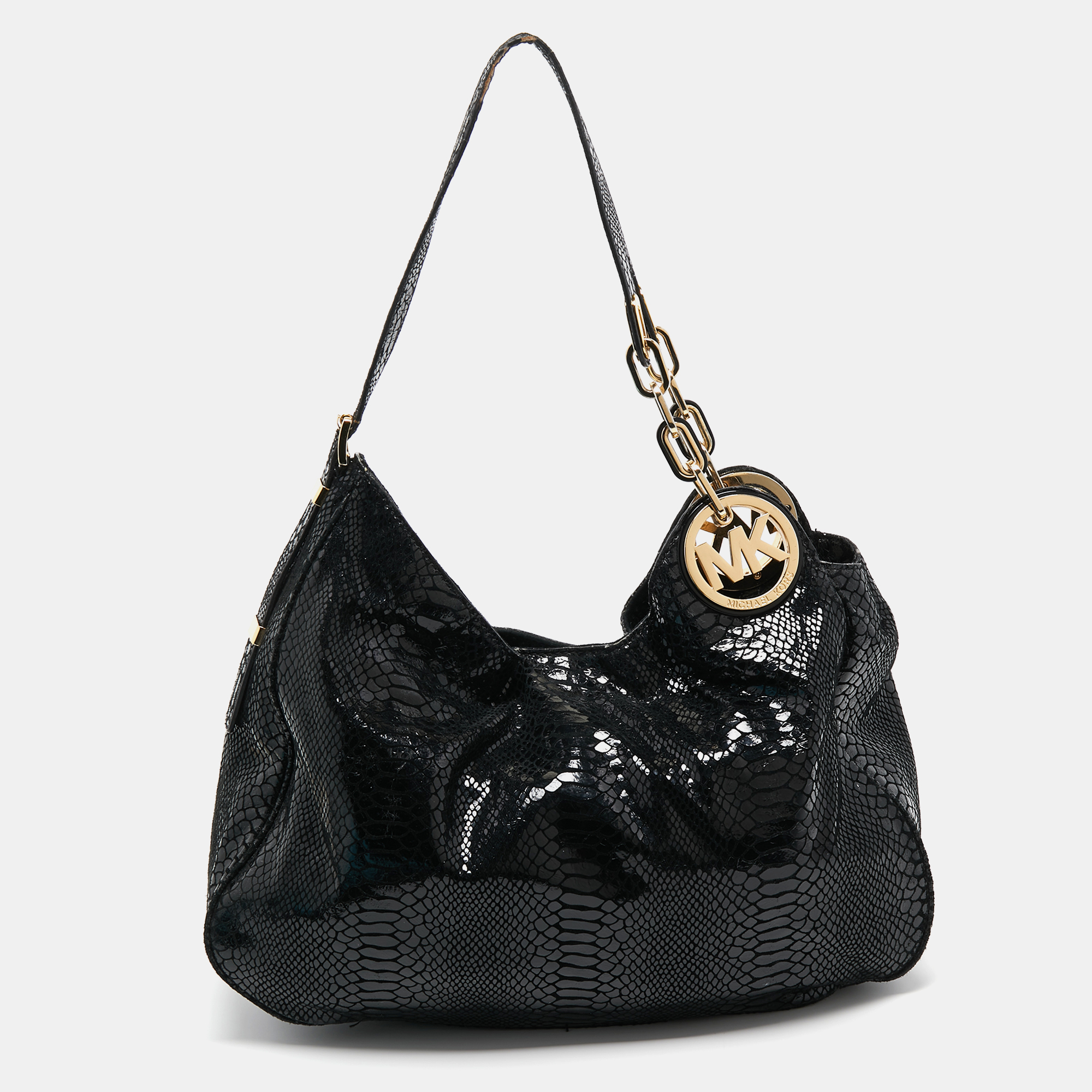 Michael michael kors black snakeskin embossed leather fulton slouchy hobo