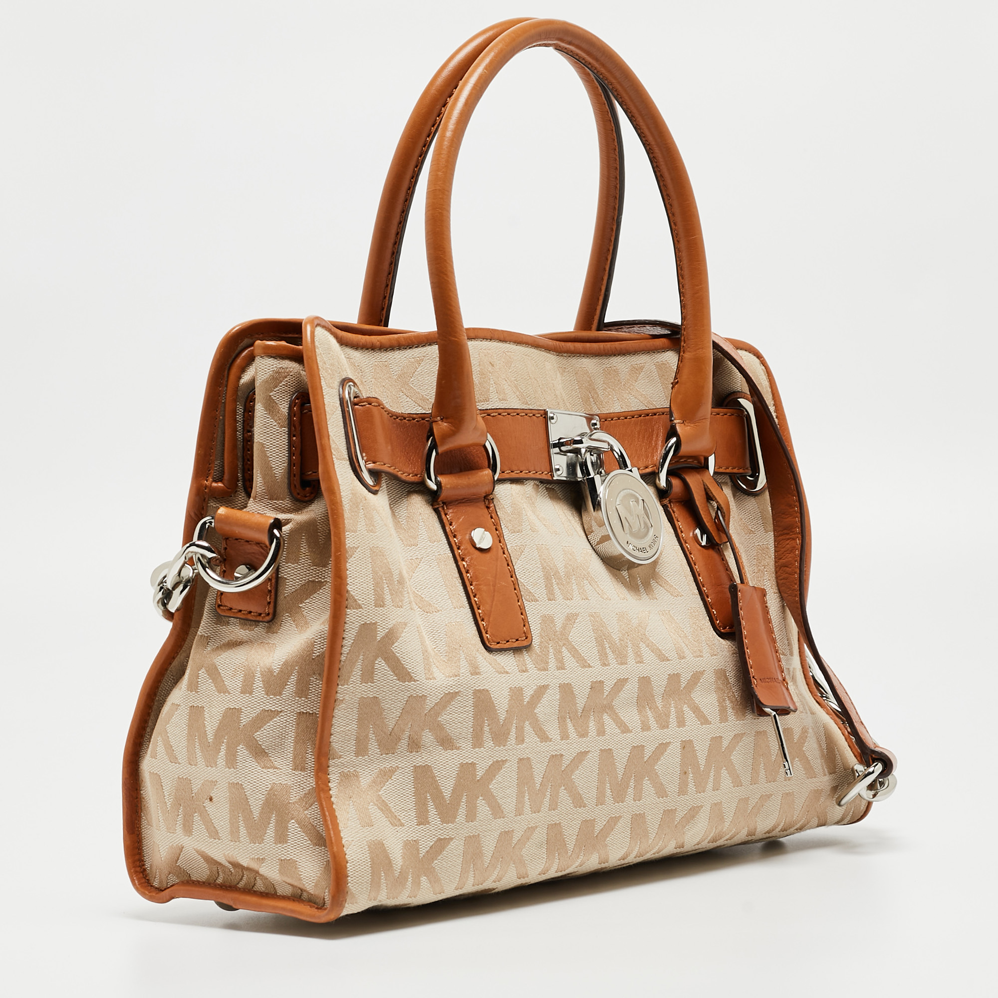 MICHAEL Michael Kors Beige/Brown Signature Canvas And Leather Hamilton Lock Tote