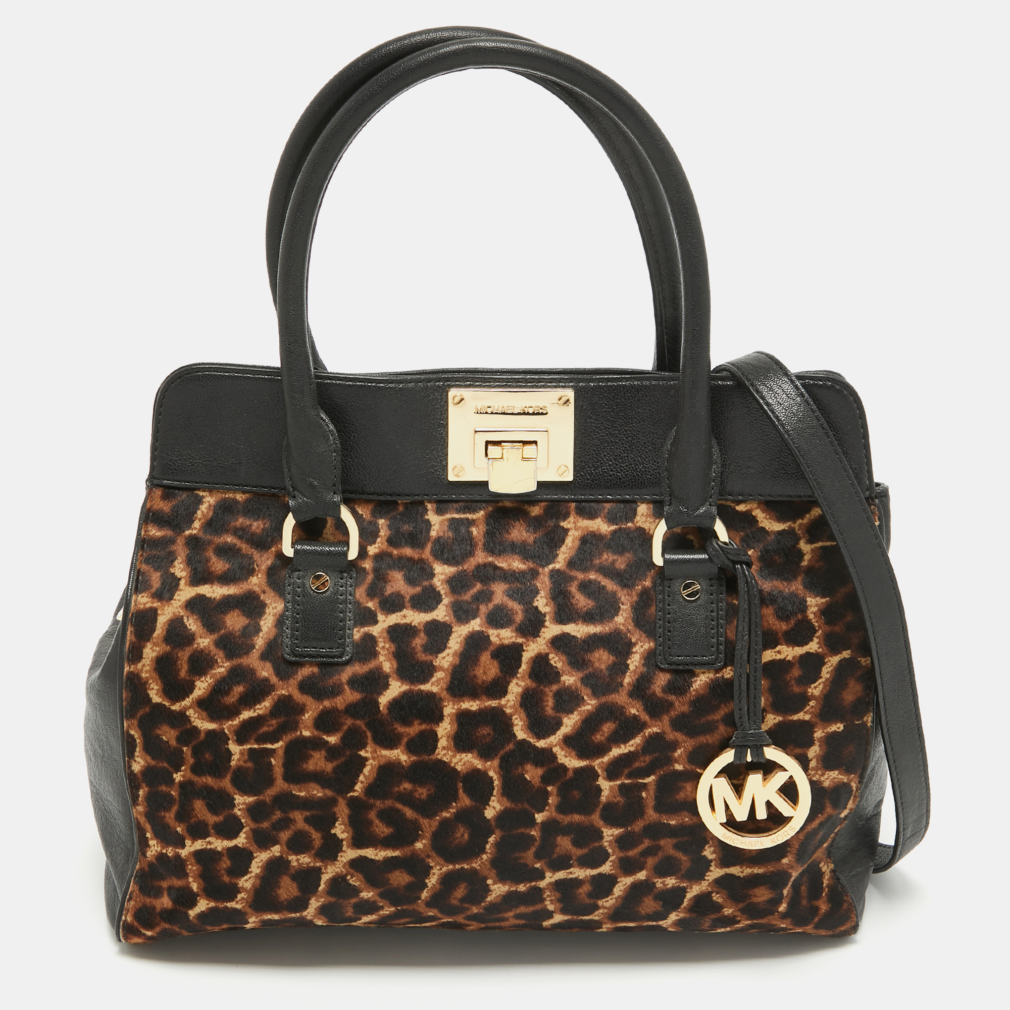 Michael michael kors black/brown leopard print calfhair and leather astrid tote