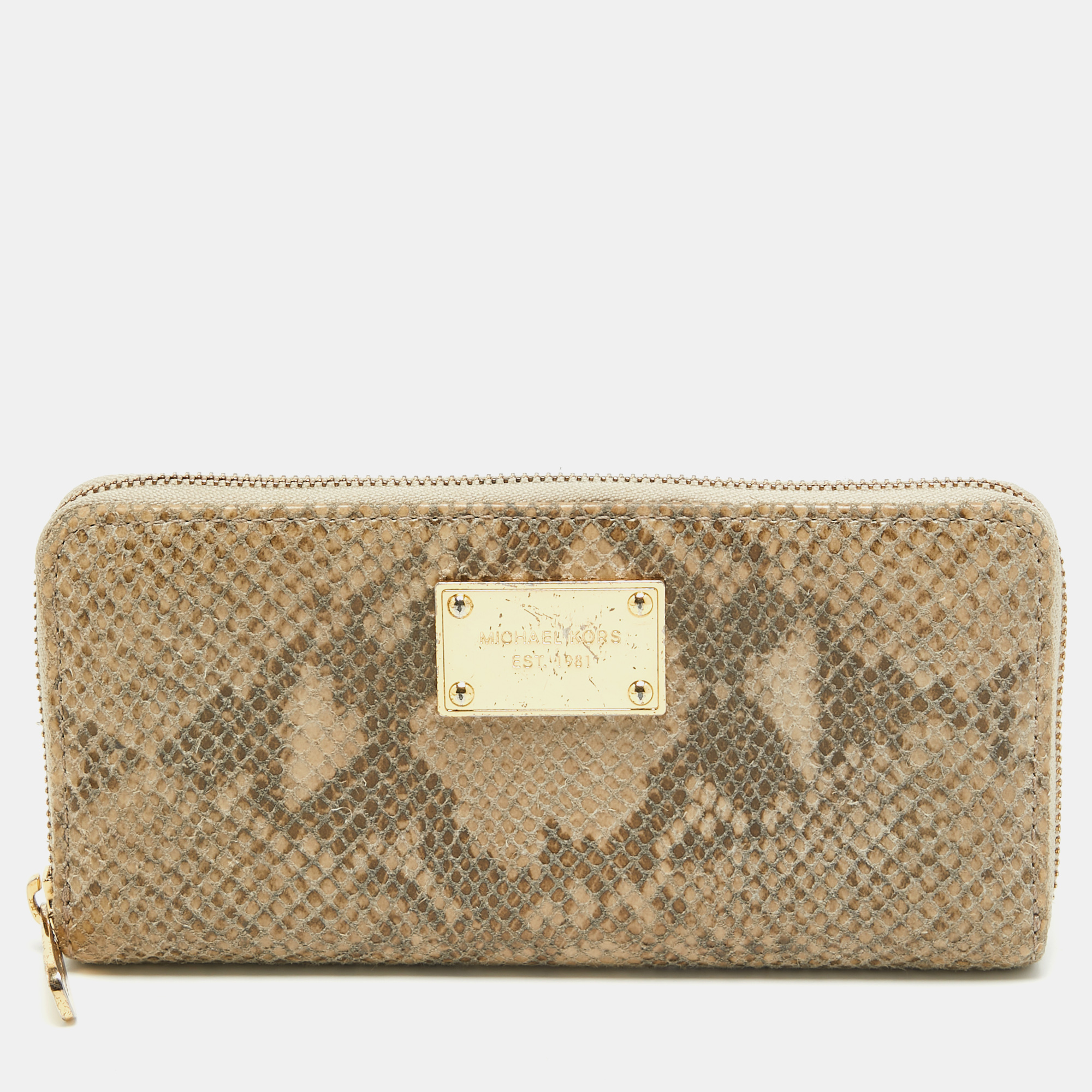 Michael kors olive green python embossed leather zip around wallet