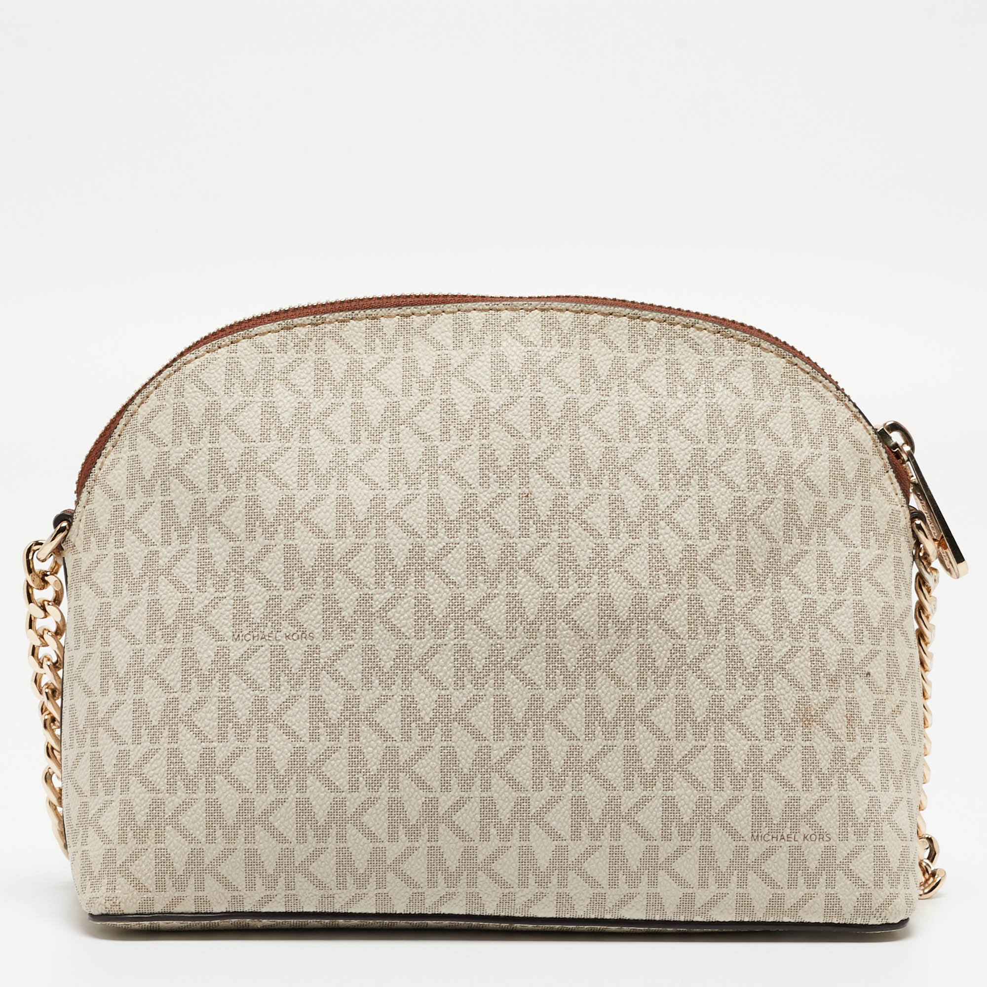 Michael Kors White/Brown Signature Canvas And Leather Jet Set Dome Crossbody Bag