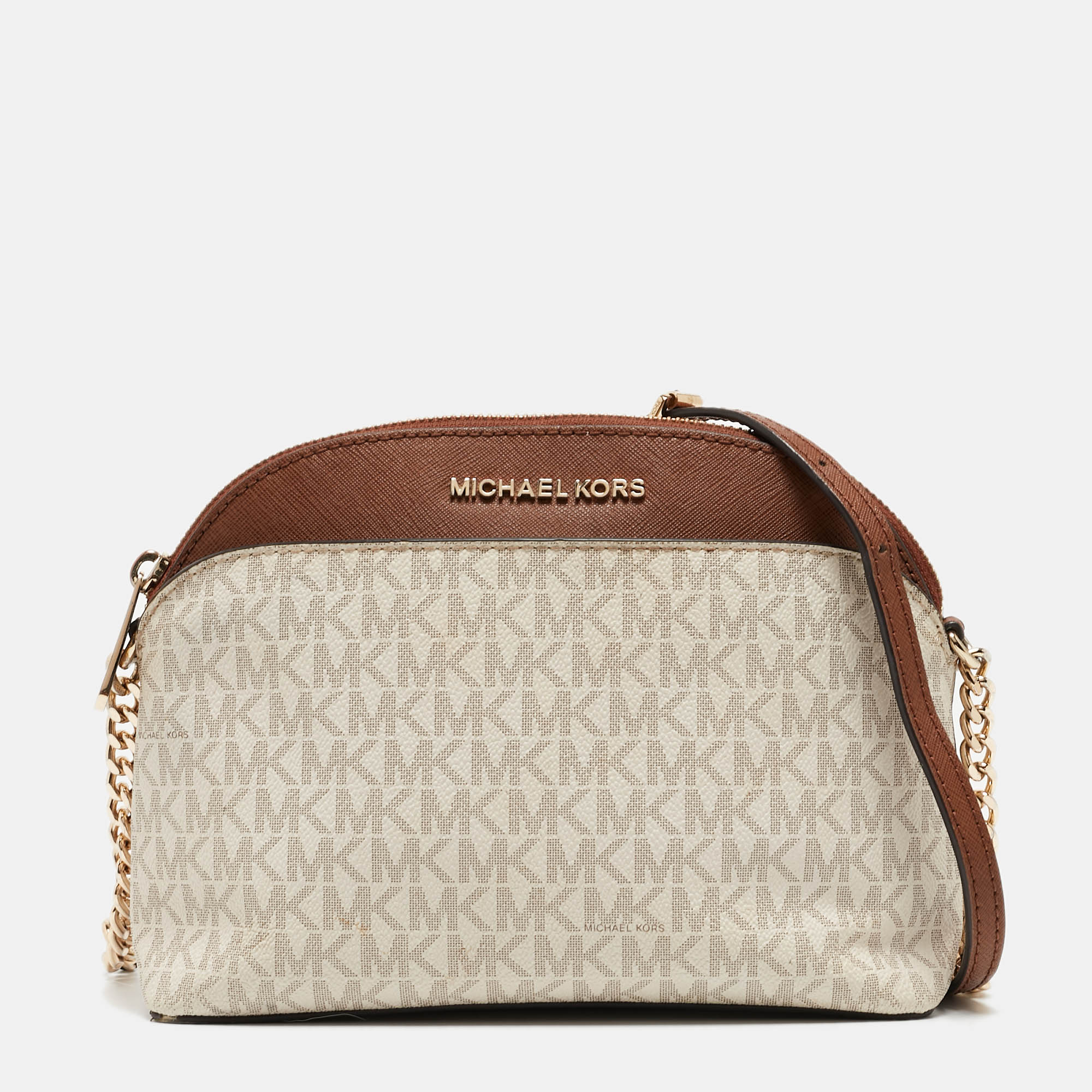 Michael Kors White/Brown Signature Canvas And Leather Jet Set Dome Crossbody Bag