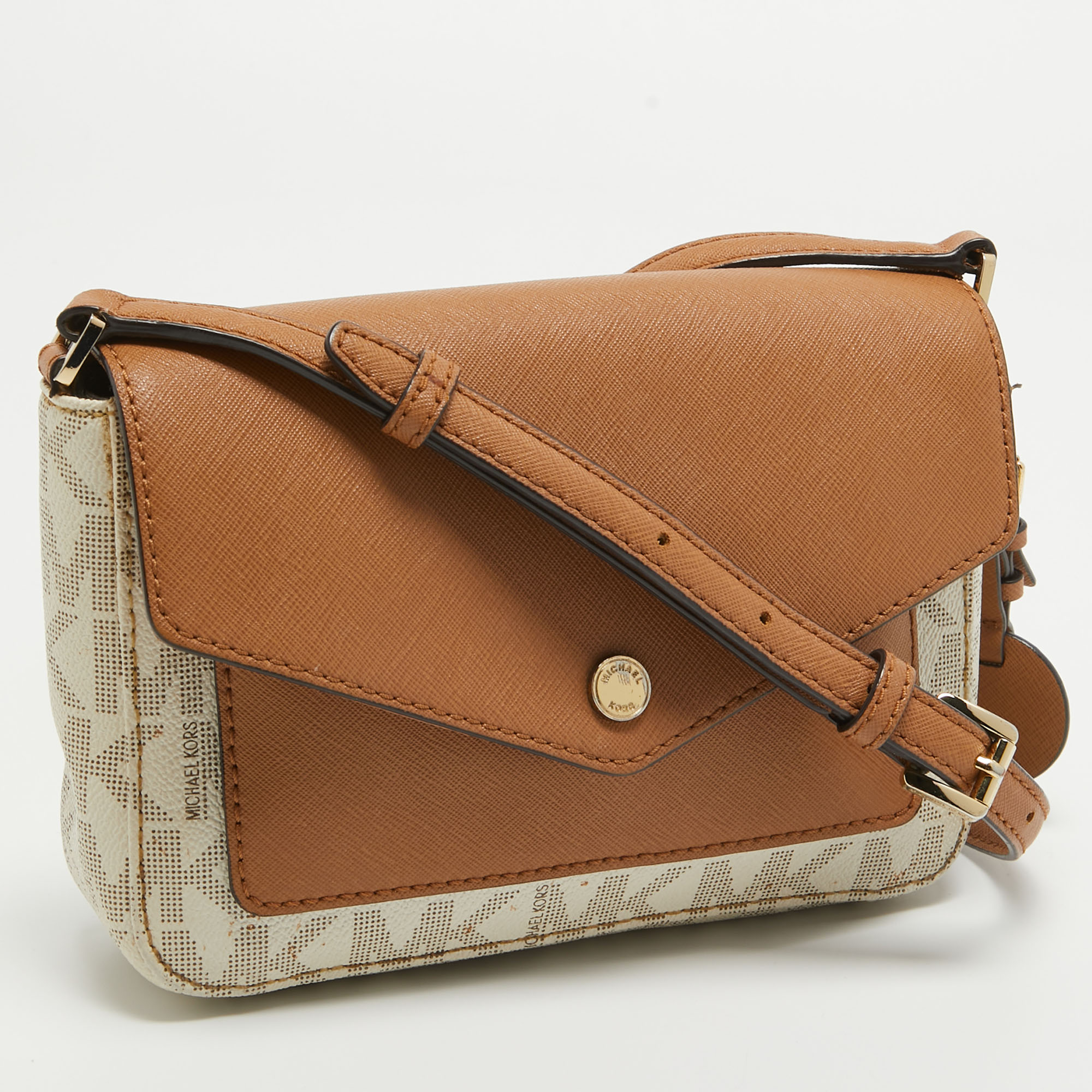 MICHAEL Michael Kors Beige/Brown Signature Coated Canvas And Leather Greenwhich Shoulder Bag