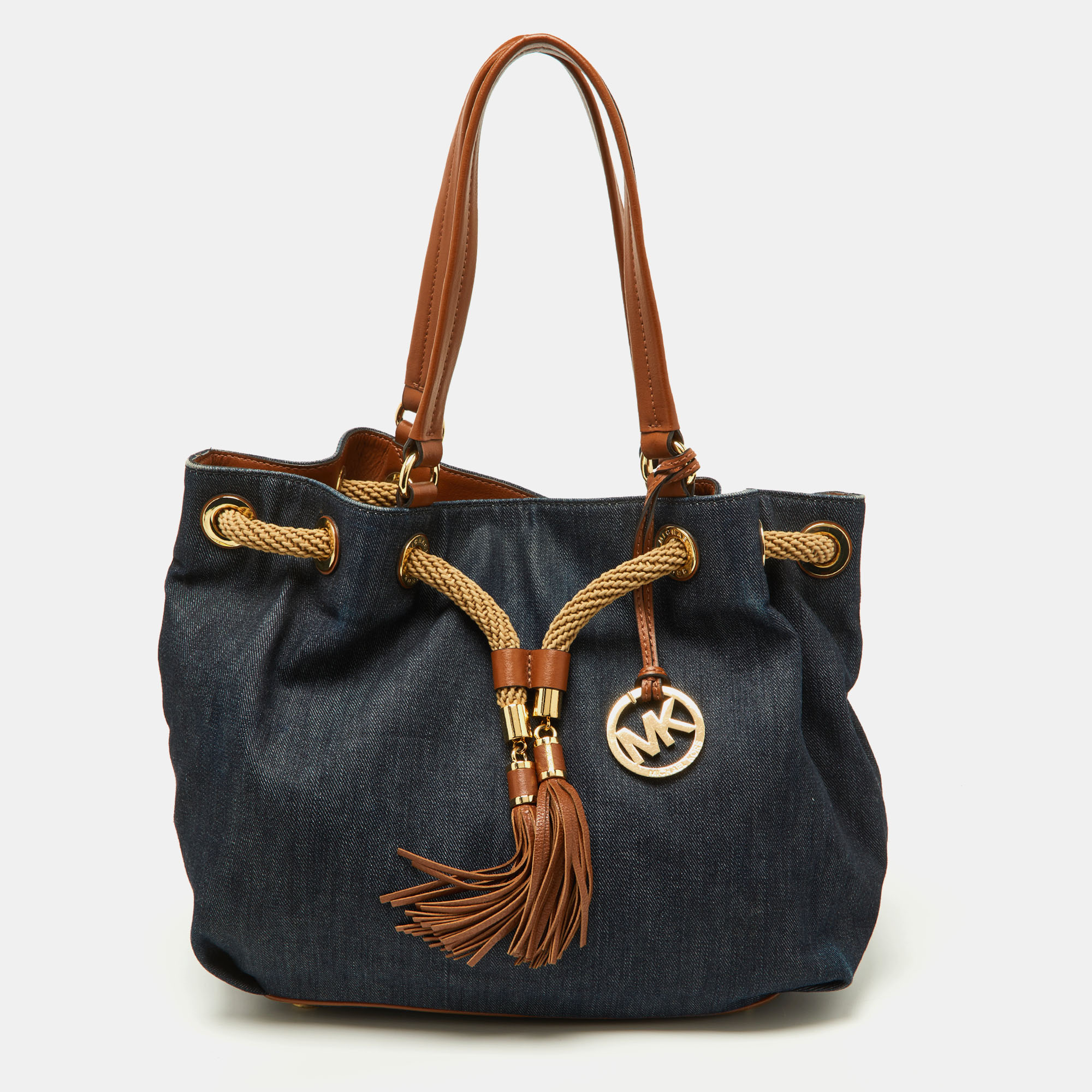 MICHAEL Michael Kors Navy Blue/Brown Denim And Leather Marina Drawstring Bucket Bag