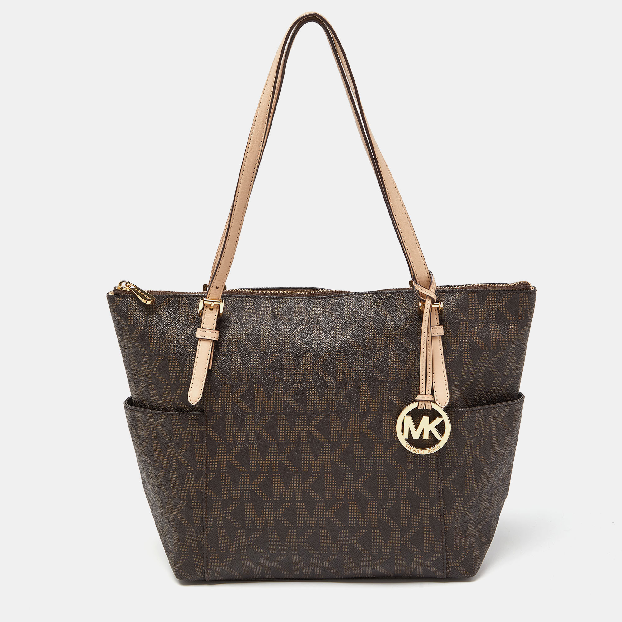 Michael michael kors brown signature coated canvas and leather east west zip tote