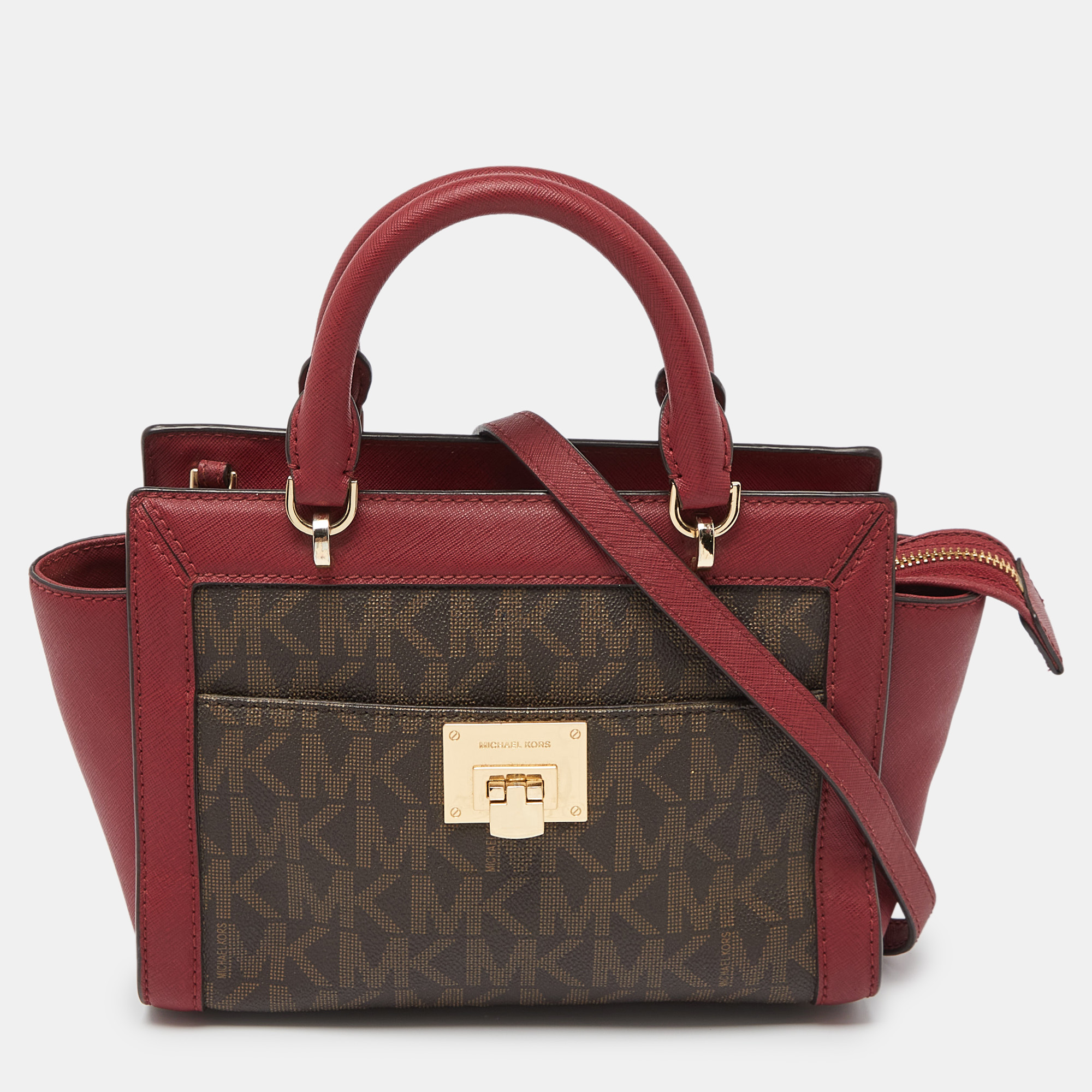 Michael michael kors brown/red signature coated canvas and leather tina tote