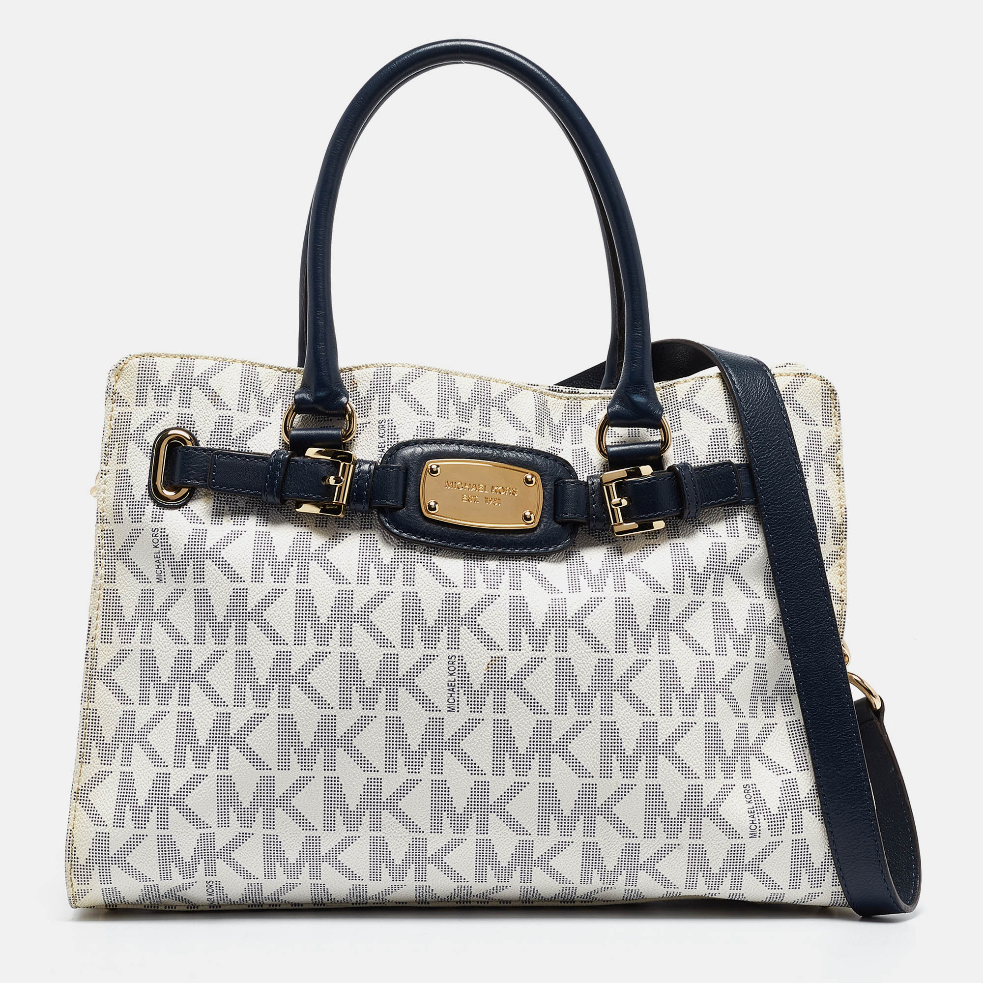 Michael michael kors white/blue signature coated canvas east west hamilton tote