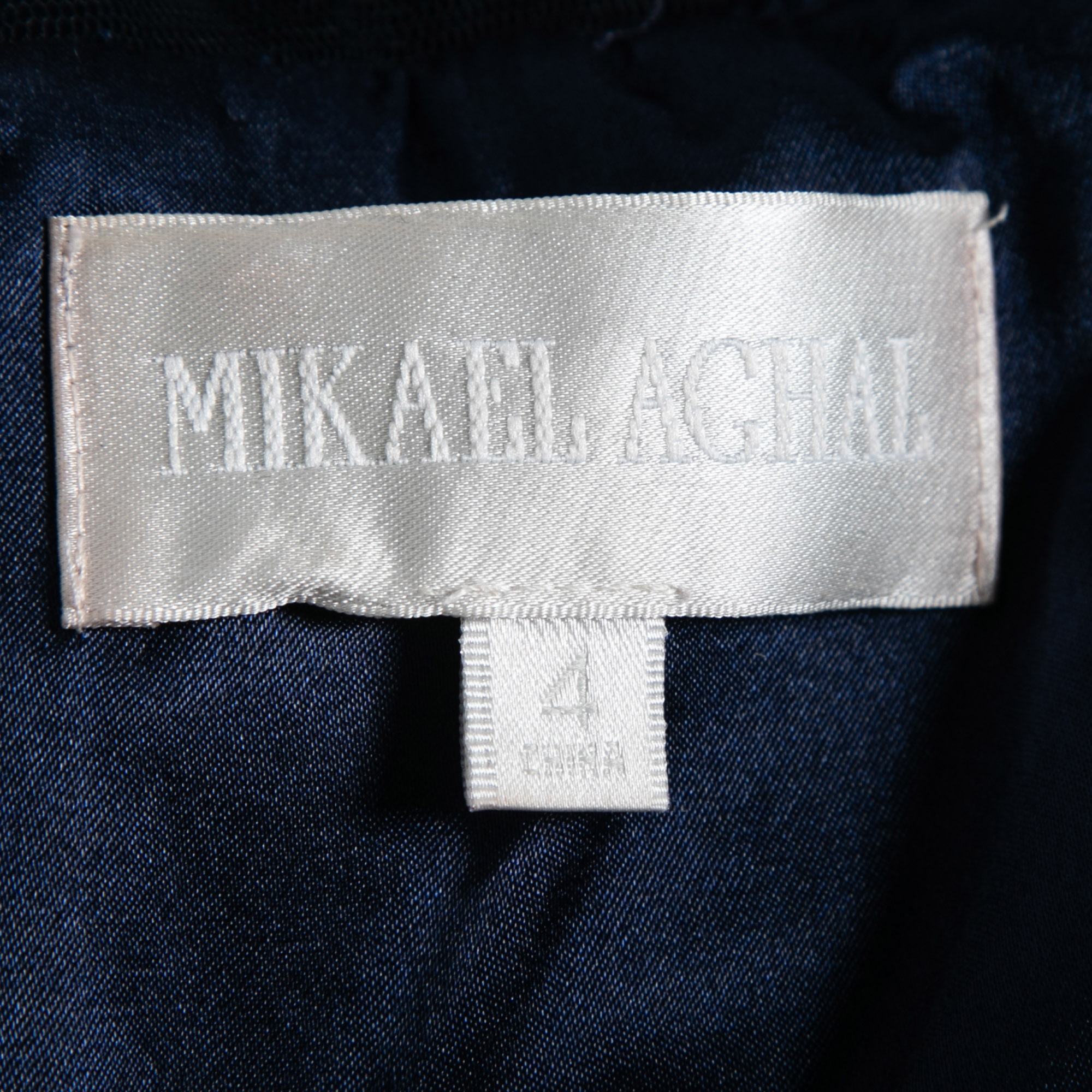 Mikael Aghal Navy Blue Rosette Applique Embellished Sheer Yoke Sleeveless Dress S