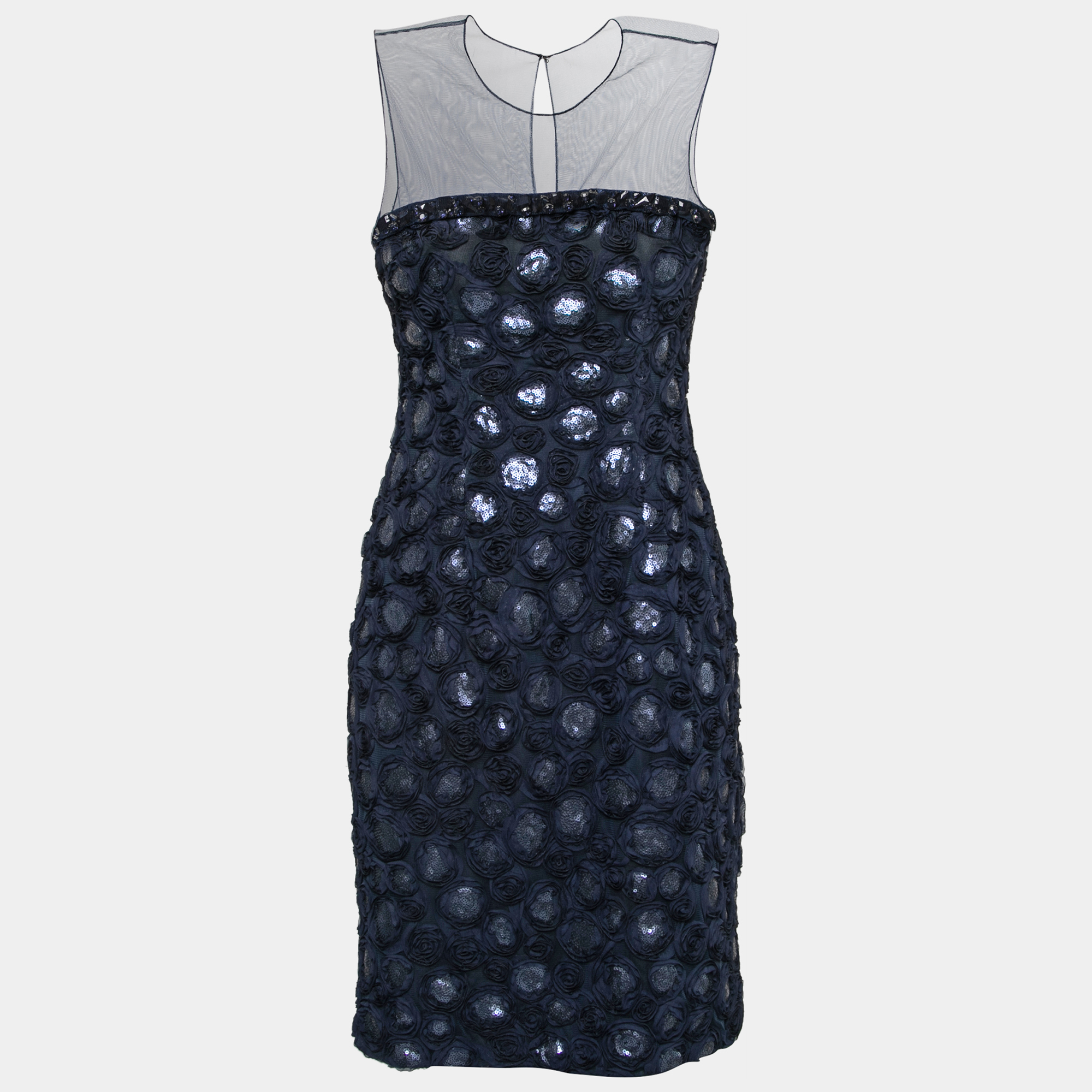 Mikael Aghal Navy Blue Rosette Applique Embellished Sheer Yoke Sleeveless Dress S