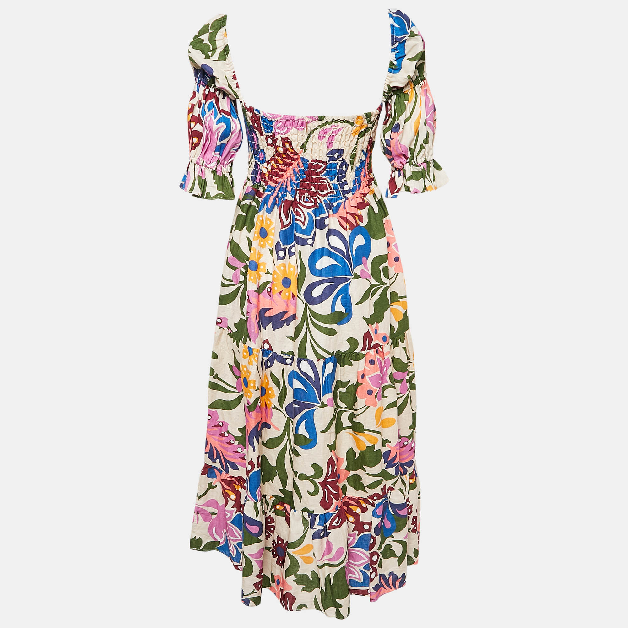 Misa Los Angeles Multicolored Floral Print Linen Tiered Yolanda Midi Dress S