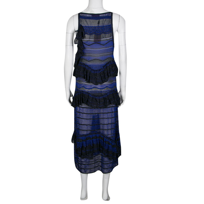 Missoni Blue And Black Lurex Knit Ruffled Sleeveless Dress M