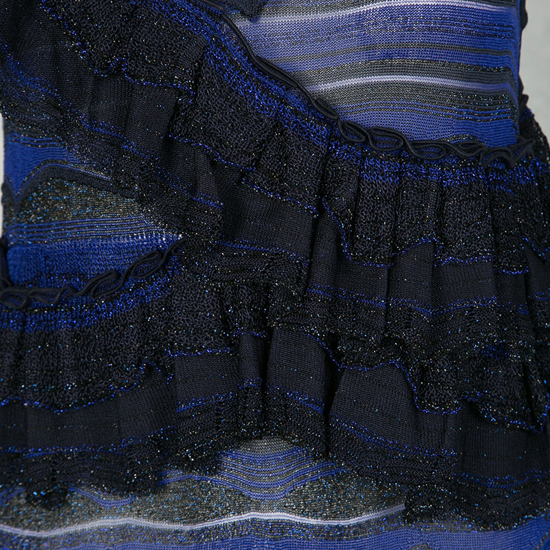 Missoni Blue And Black Lurex Knit Ruffled Sleeveless Dress M
