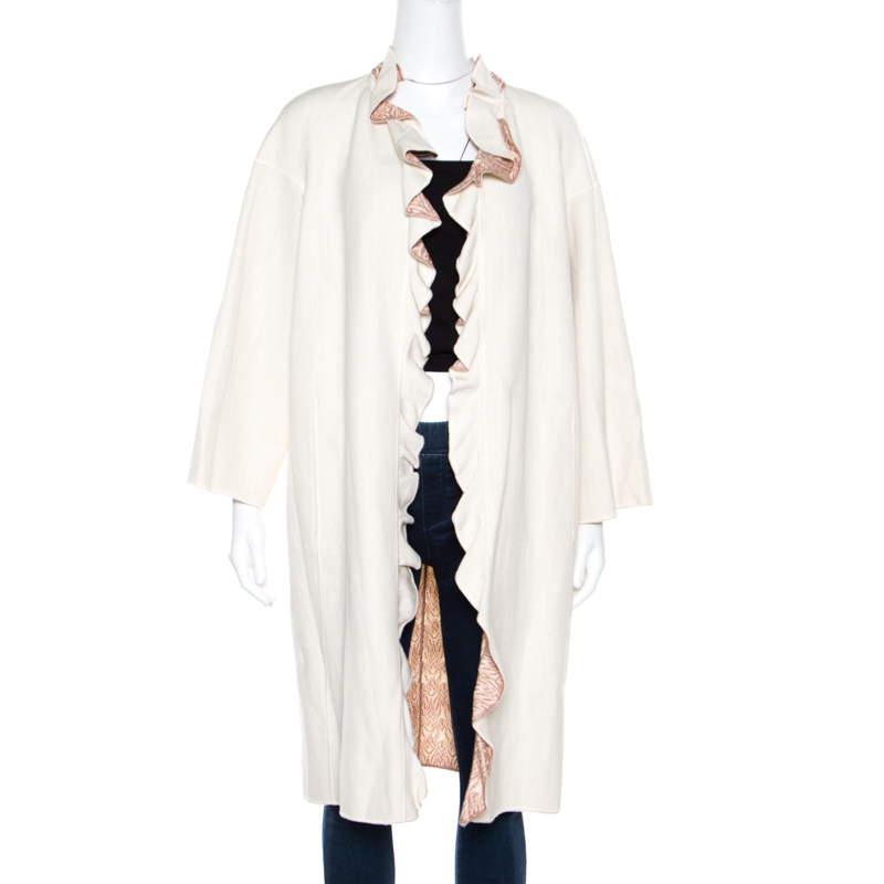 Image of Missoni Off White Silk and Linen Blend Ruffle Detail Contrast Lined Long Coat M
