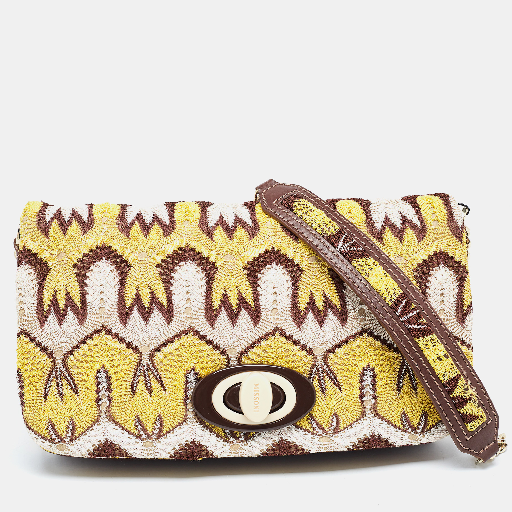 Missoni tricolor crochet fabric and leather flap shoulder bag