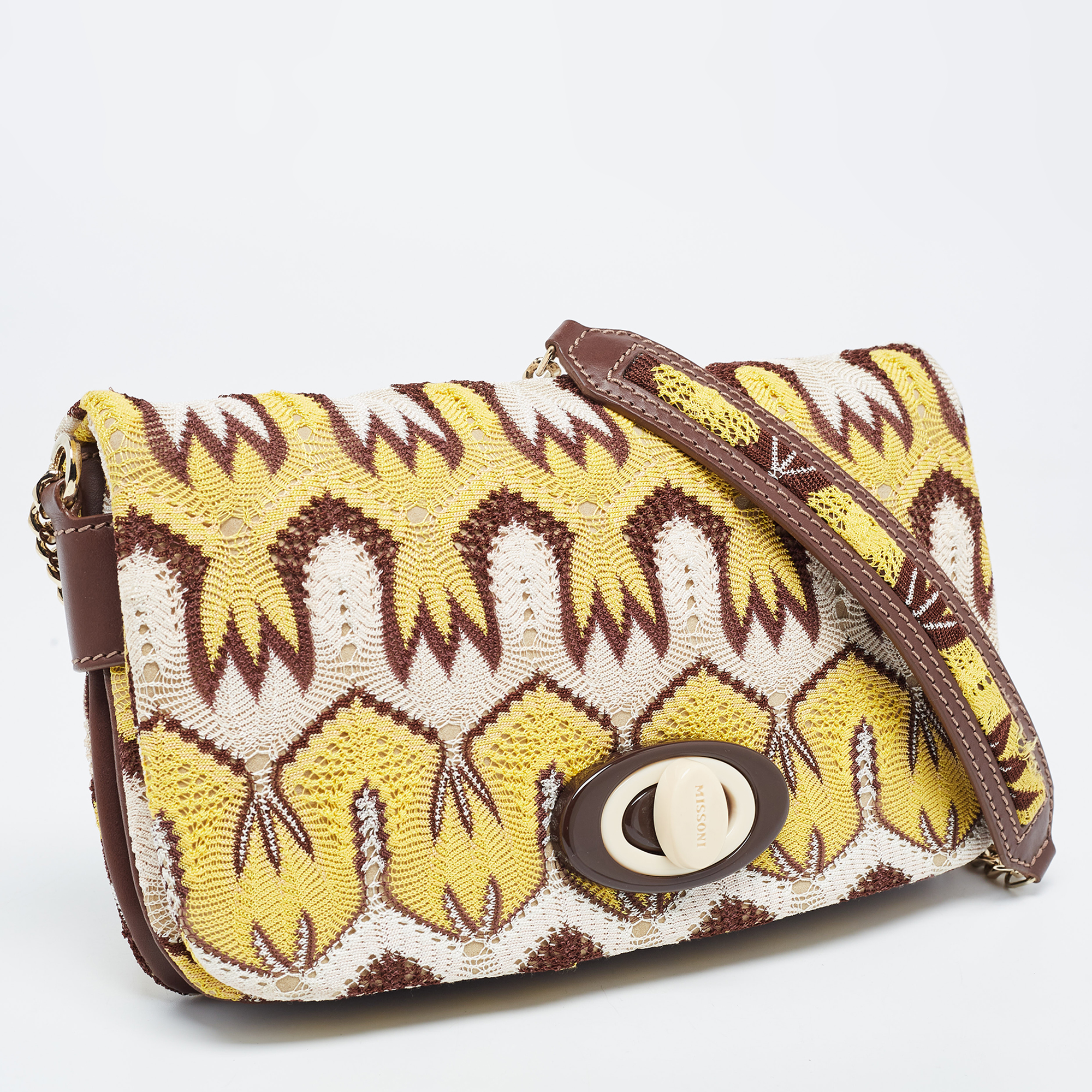 Missoni Tricolor Crochet Fabric And Leather Flap Shoulder Bag