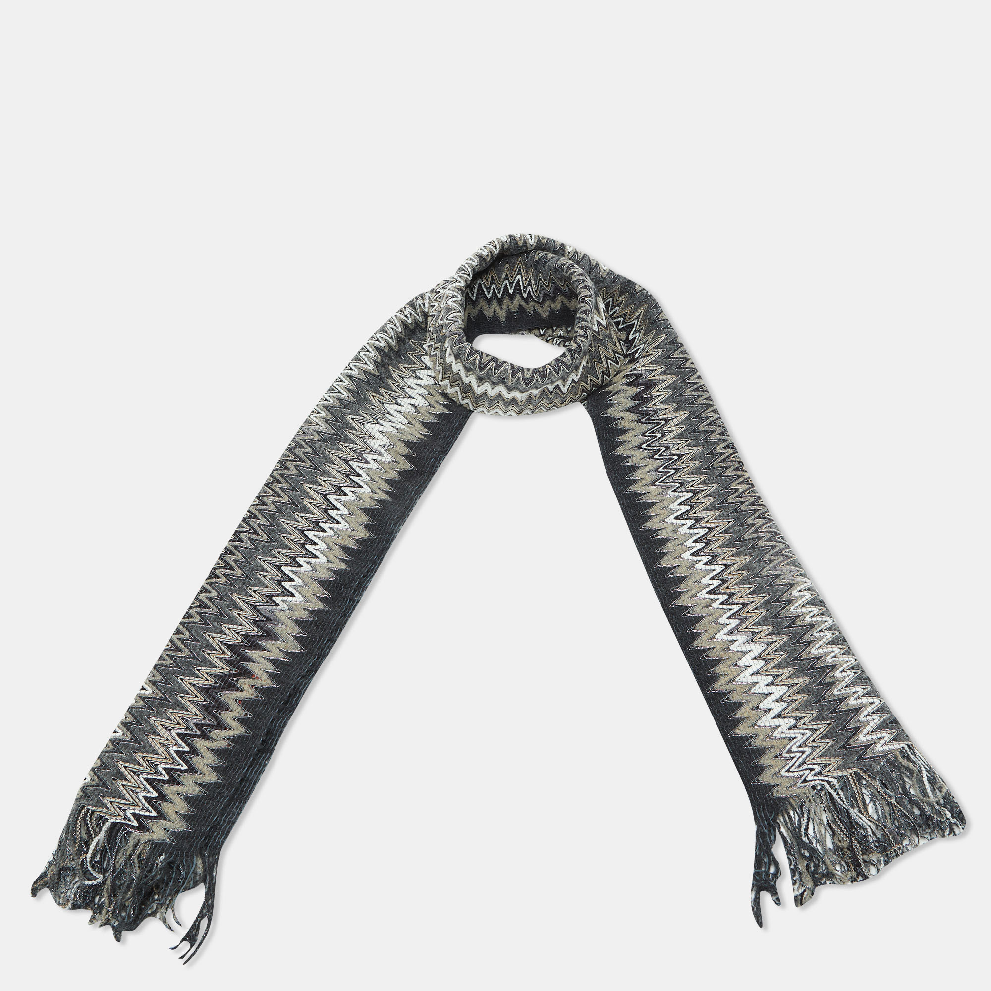 Missoni Grey Zig Zag Pattern Wool Knit Fringed Stole