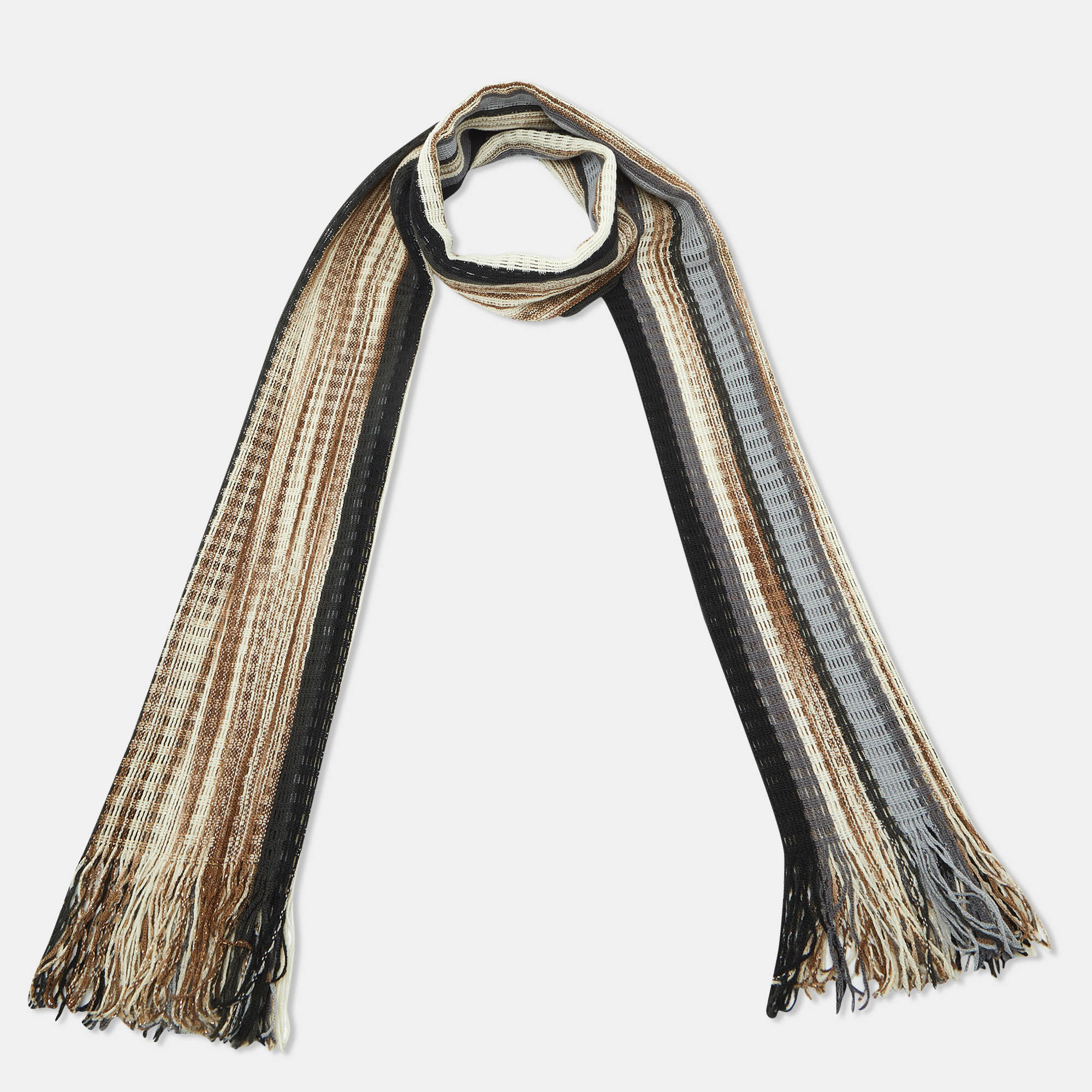 Missoni Beige/Black Striped Lurex & Wool Knit Fringed Stole