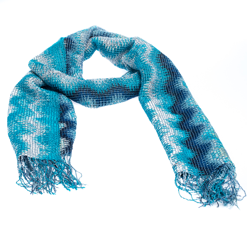 Image of Missoni Blue Chevron Striped Open Knit Fringed Scarf