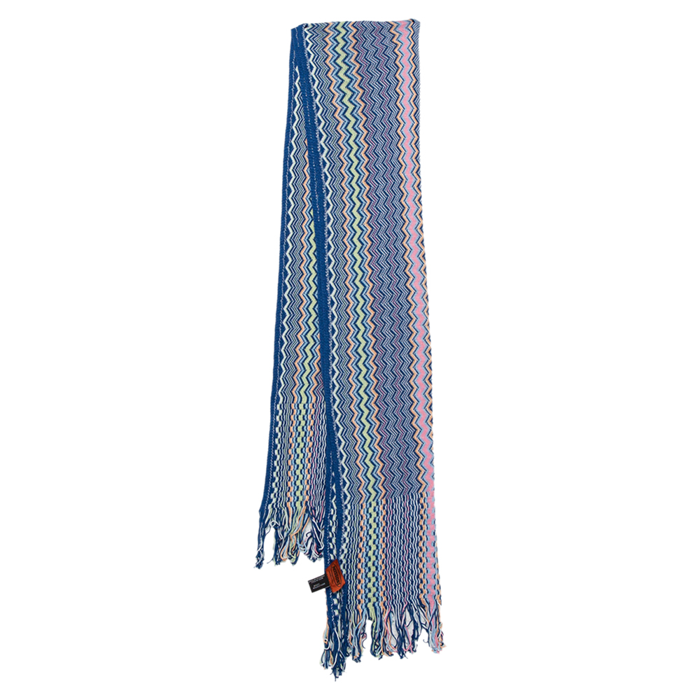 Missoni Blue Zig Zag Cotton Knit Fringed Scarf