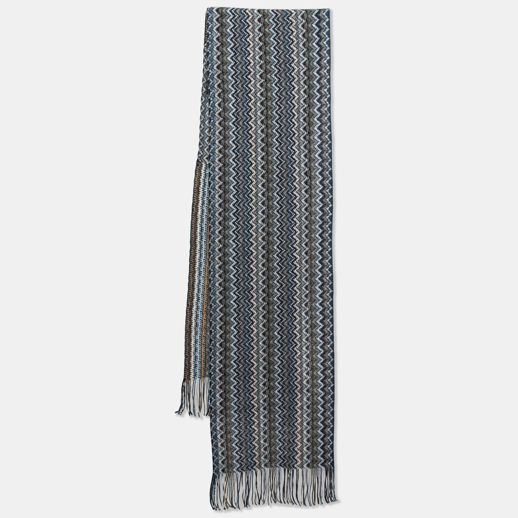Missoni Multicolor Chevron Pattern Wool Knit Fringed Stole