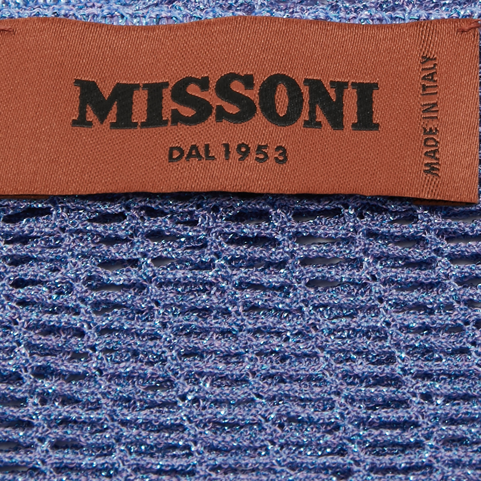 Missoni Blue Lurex Crochet Knit Fringed Scarf