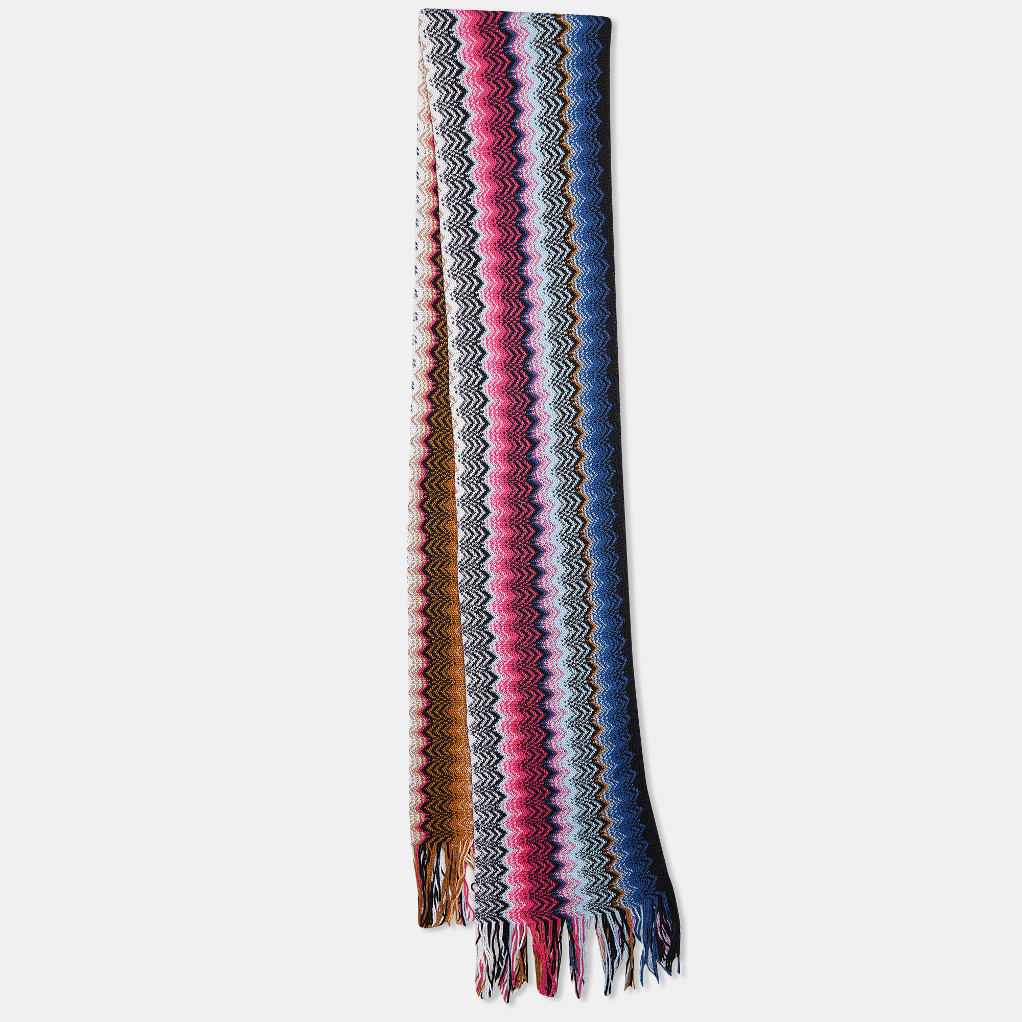 Missoni multicolor zig zag knit cotton knit fringed scarf