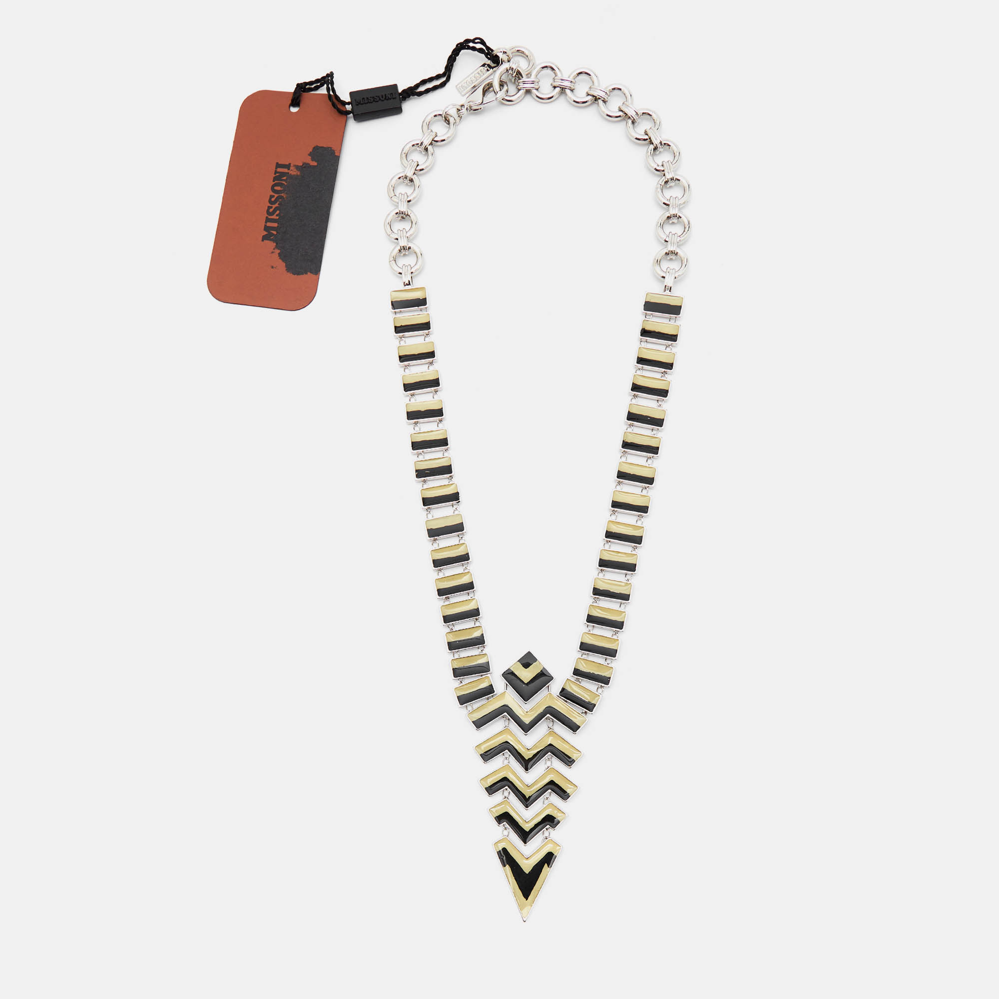 Missoni enamel silver tone geometric shaped long necklace