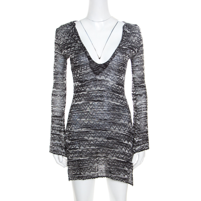 

M Missoni Monochrome Chevron Patterned Perforated Knit Flared Sleeve Tunic, Black