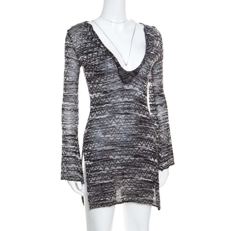 M Missoni Monochrome Chevron Patterned Perforated Knit Flared Sleeve Tunic S