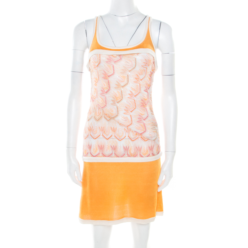 Missoni Orange Patterned Stretch Knit Paneled Tank Dress S