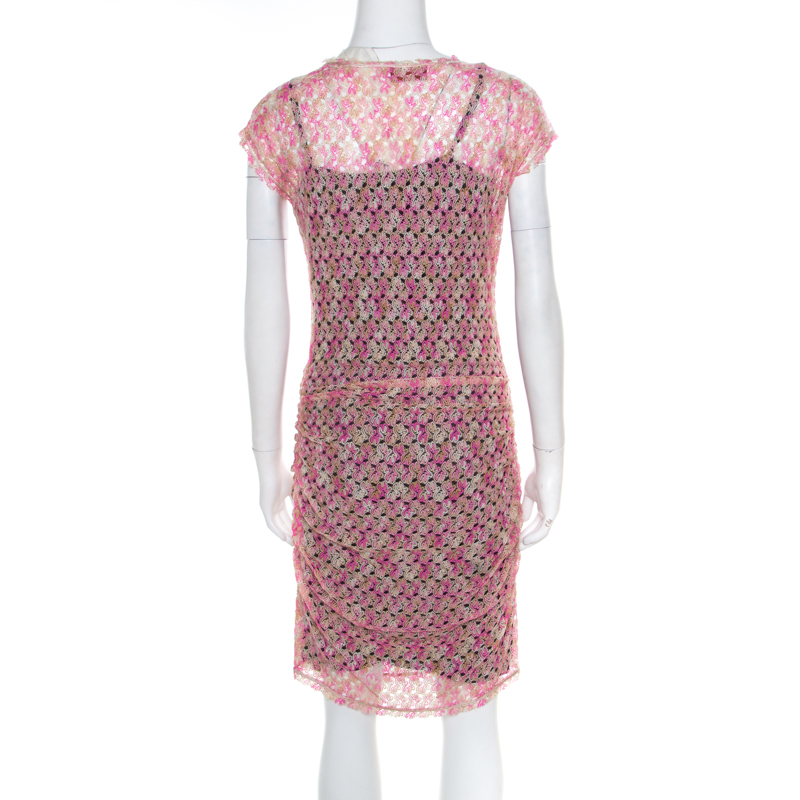 Missoni Multicolor Perforated Knit Ruched Sleeveless Dress M