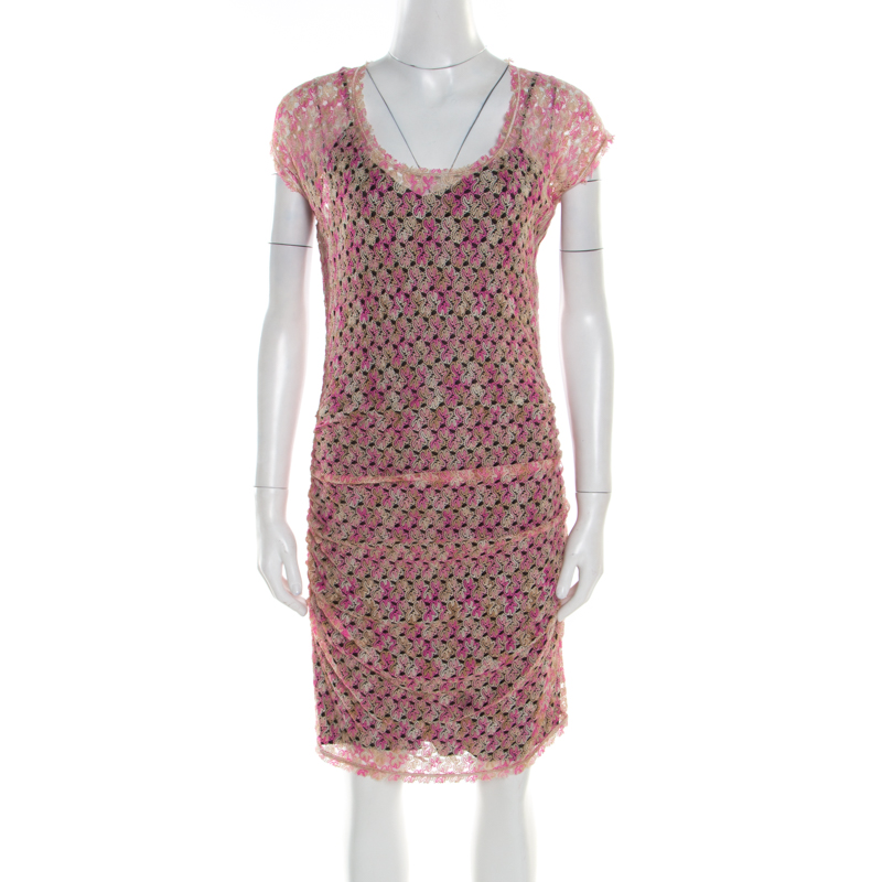 Missoni multicolor perforated knit ruched sleeveless dress m