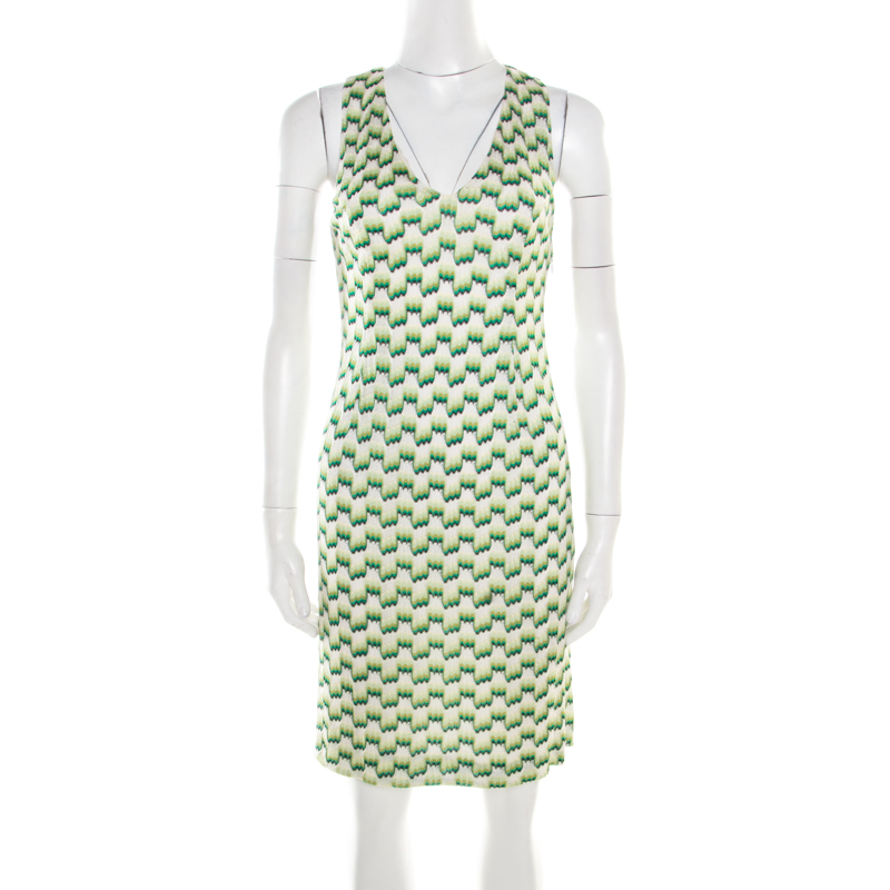 Missoni Green And White Patterned Knit V-Neck Sleeveless Dress S