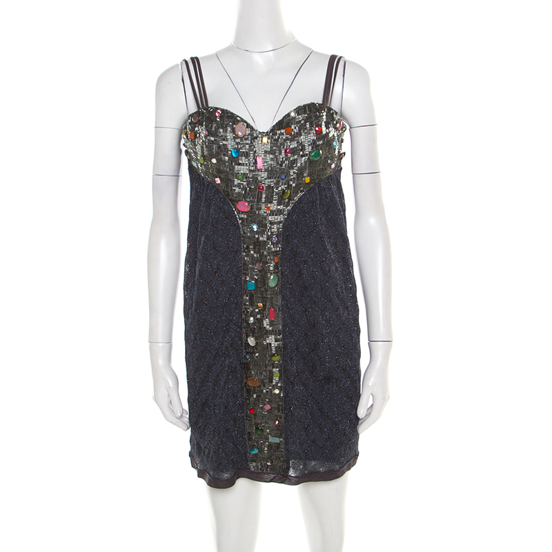Missoni Multicolor Lurex Knit Embellished Bodice Sleeveless Dress S