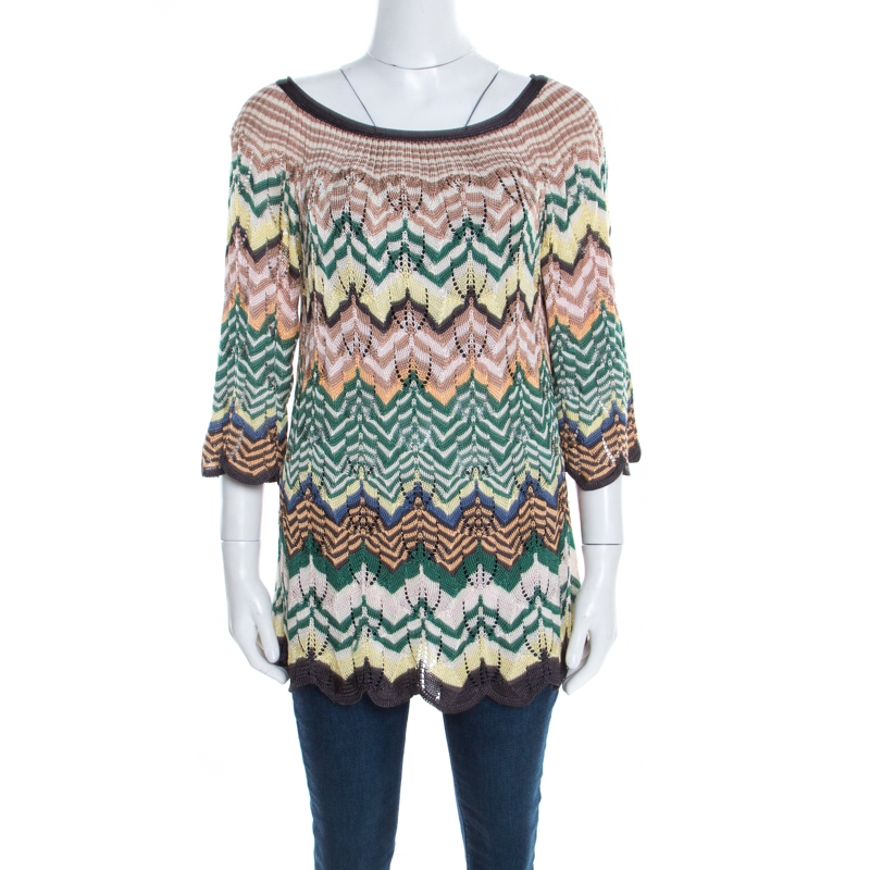 Image of Missoni Multicolor Pattenred Perforated Knit Scalloped Hem Top M