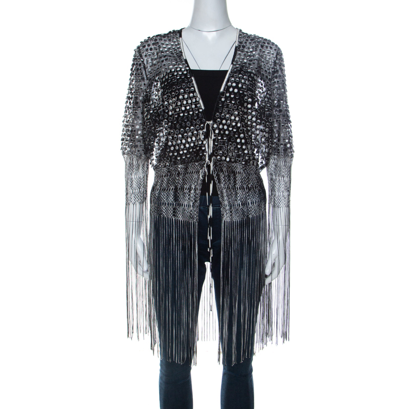 

Missoni Monochrome Crochet Knit Lace Trim Fringed Cardigan, Black