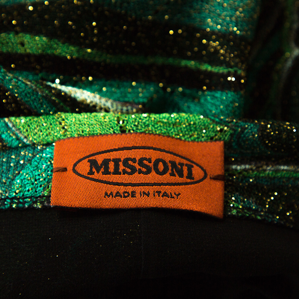 Missoni Green Lurex Jacquard Knit Brooch Detail Draped Dress L
